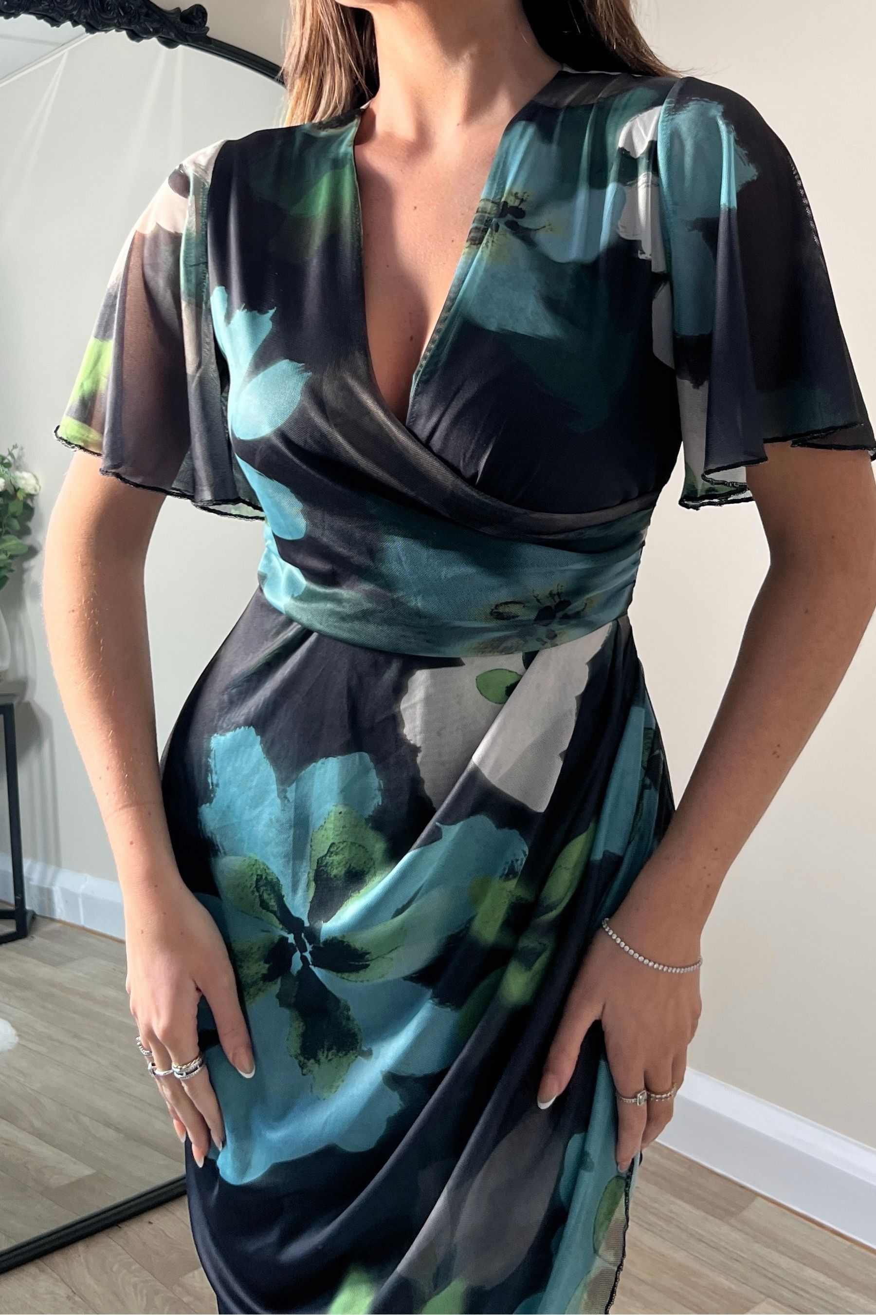Buy Girl In Mind Green Floral Natasha Angel Sleeve Wrap Midi Dress from Next Oman