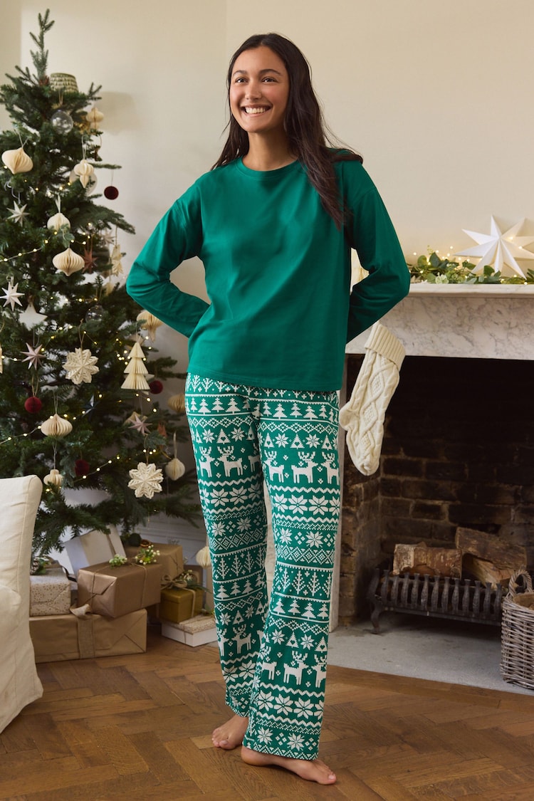 Green Fairisle Pattern 100% Cotton Long Sleeve Pyjamas - Image 2 of 4