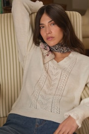 Laura Ashley Ecru White Pointelle V-Neck Jumper - Image 2 of 8