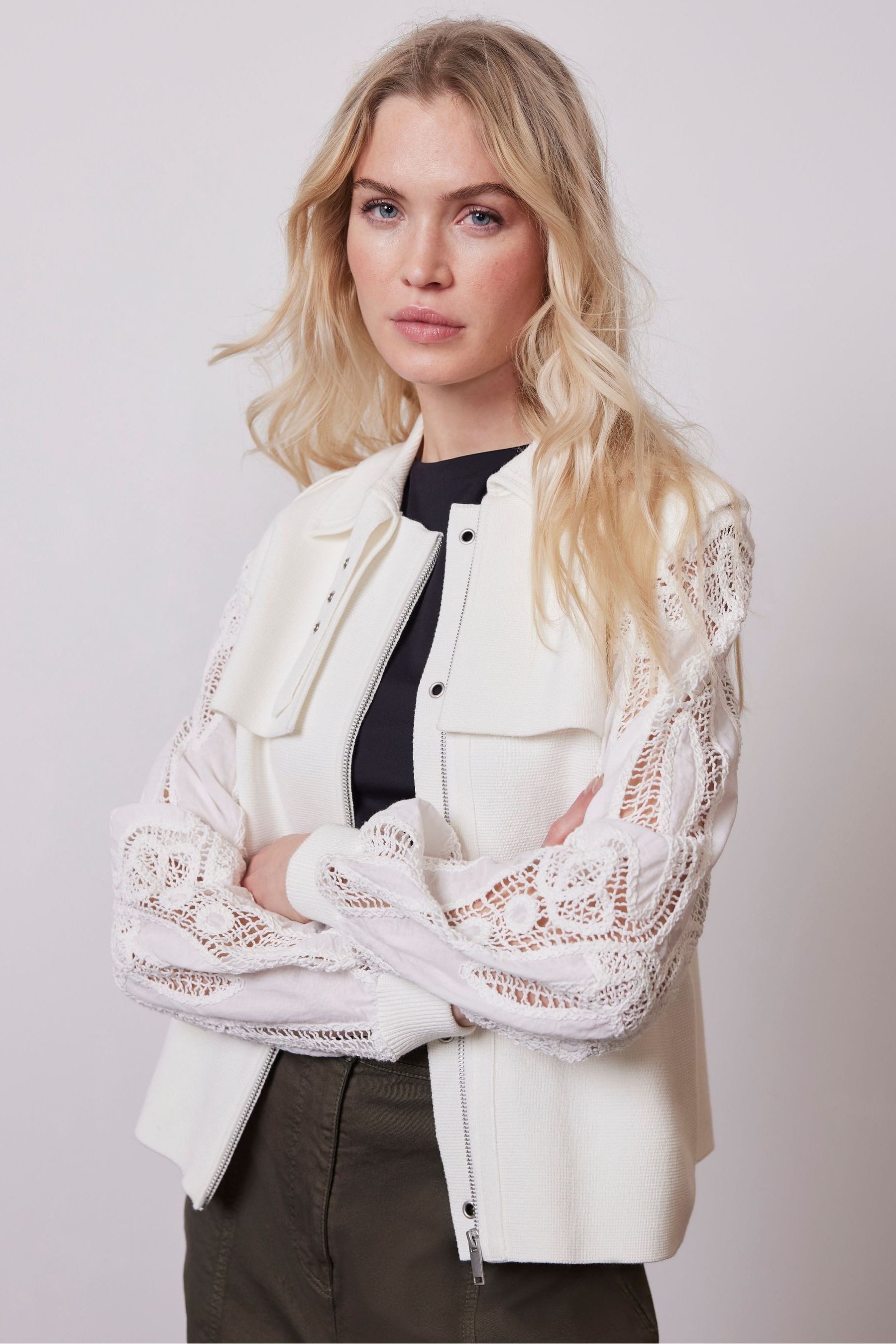 Buy Mint Velvet Cream Lace Sleeve Cardigan from Next Luxembourg