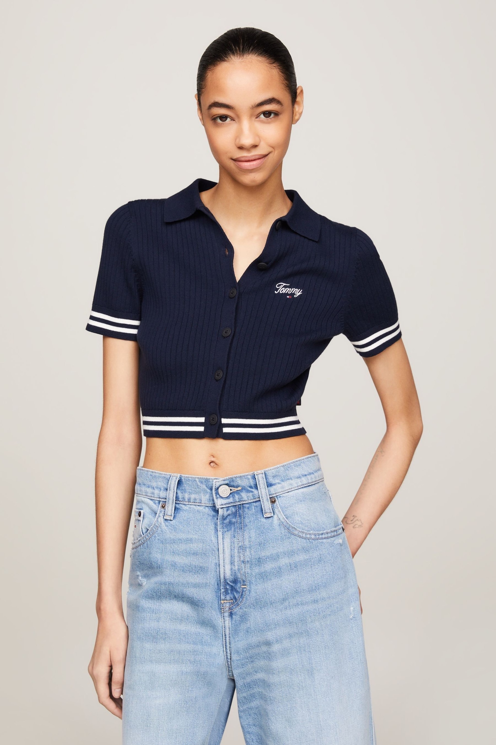 Tommy Jeans Blue Script Rib Polo Sweater - Image 1 of 6