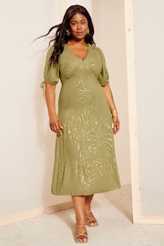 Curves Like These Khaki Green Printed Satin Puff Sleeve Midi Dress - Image 3 of 4