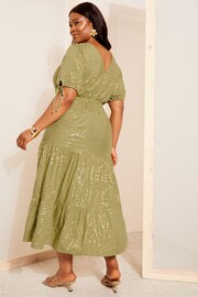 Curves Like These Khaki Green Printed Satin Puff Sleeve Midi Dress - Image 4 of 4