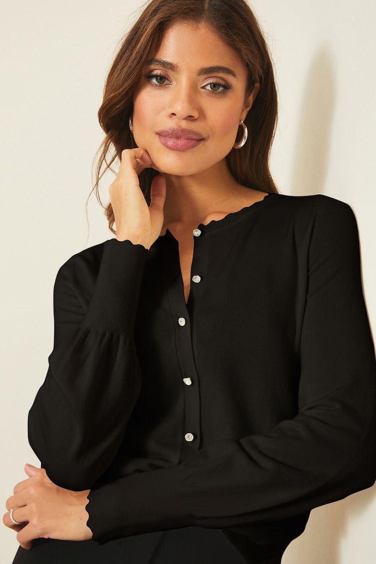 Lipsy Black Scallop Detail Crew Neck Button Through Knitted Cardigan - Image 1 of 4