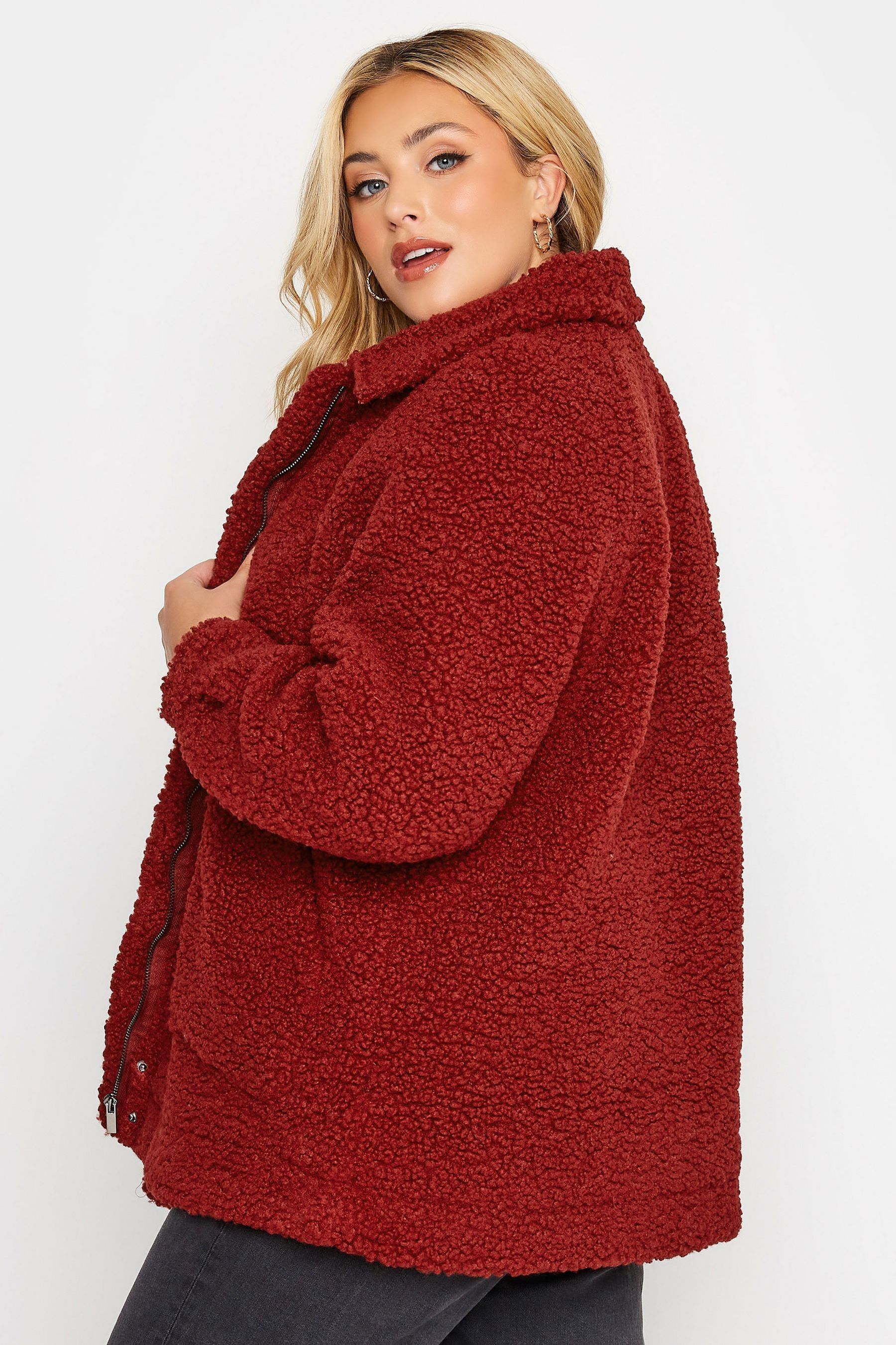 Red cropped teddy jacket top