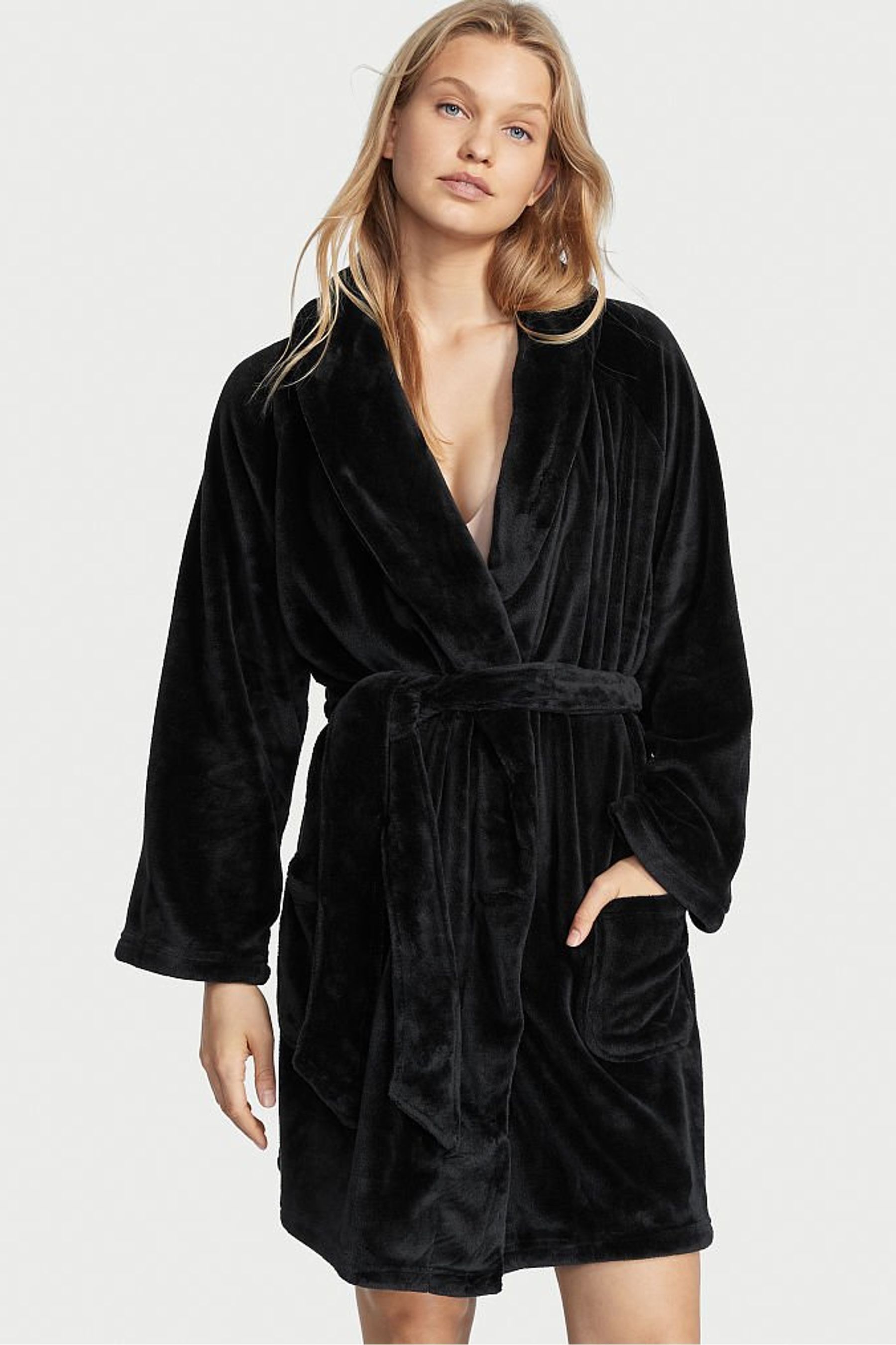 Buy Victoria s Secret Black Embossed Logo Cosy Short Dressing Gown from the Next UK online shop