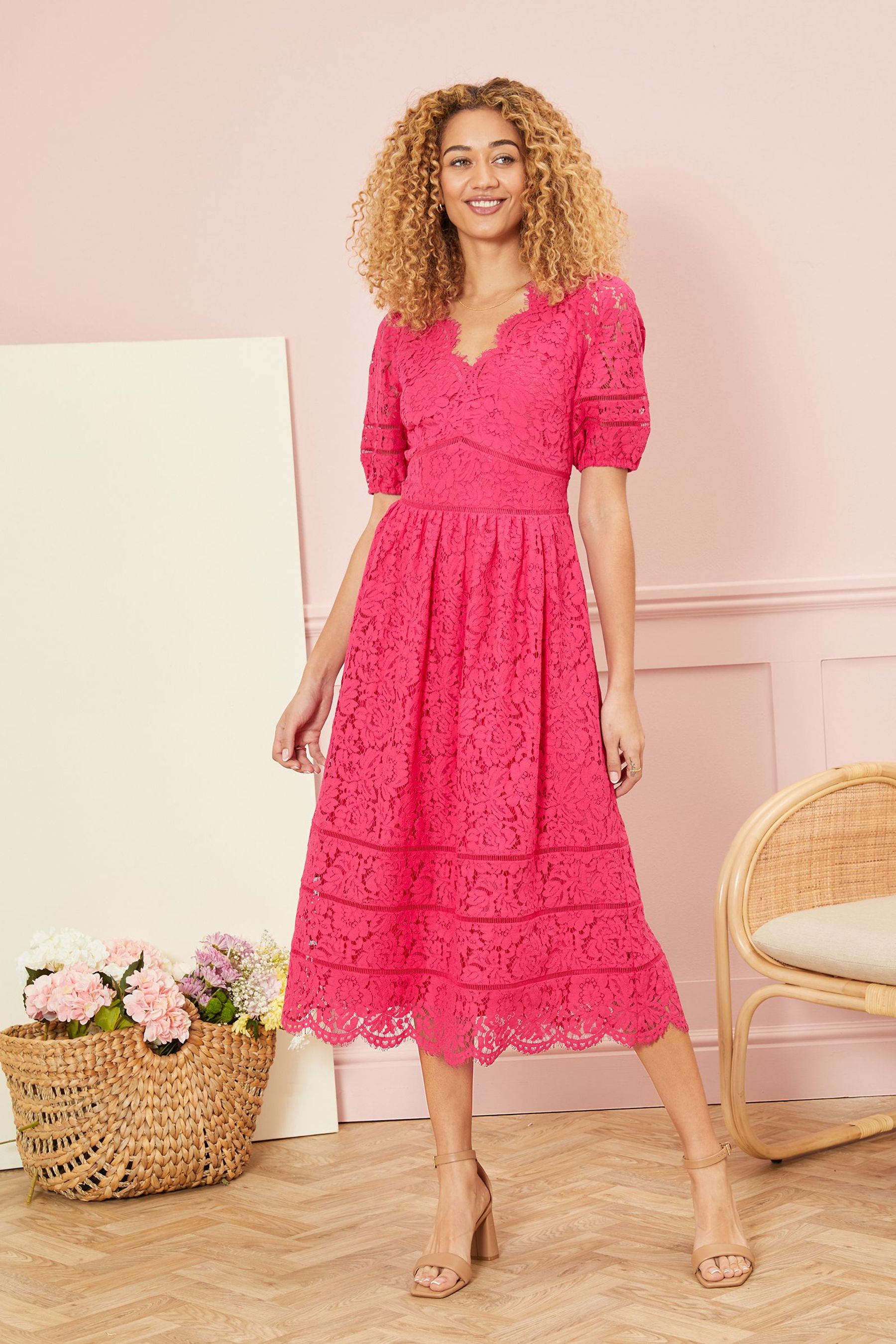 Buy Love Roses Pink Scallop Lace Skater Dress from Next Luxembourg