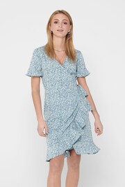 ONLY Blue Floral Short Sleeve Wrap Summer Midi Dress - Image 2 of 5