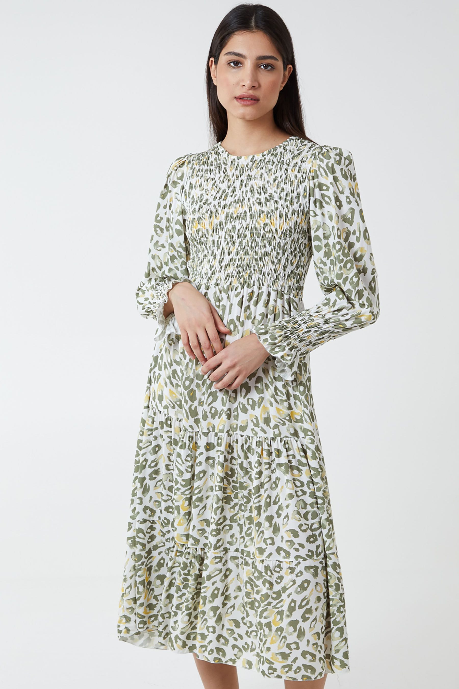 Buy Blue Vanilla Light Green Leopard Print Shirring Detail Long Sleeve Dress from Next Luxembourg