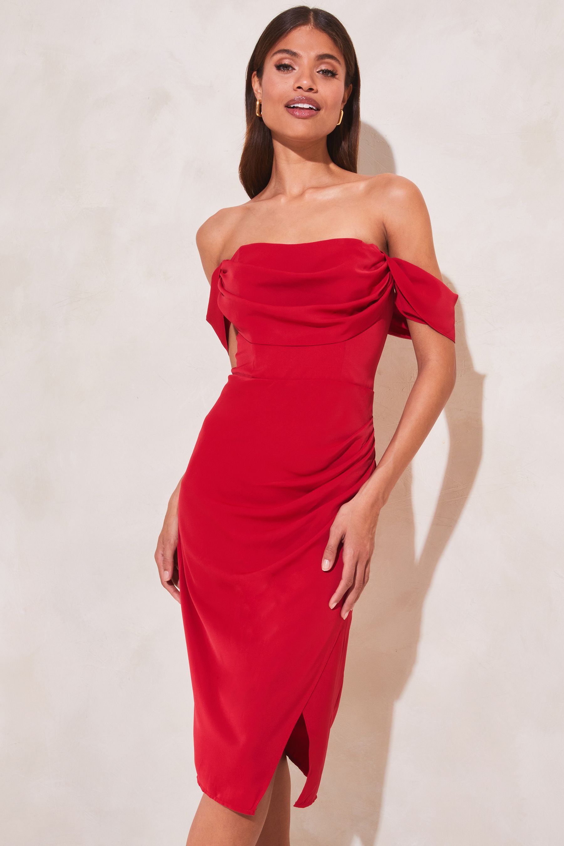 Buy Lipsy Red Bardot Split Wrap Skirt Midi Dress from Next Luxembourg