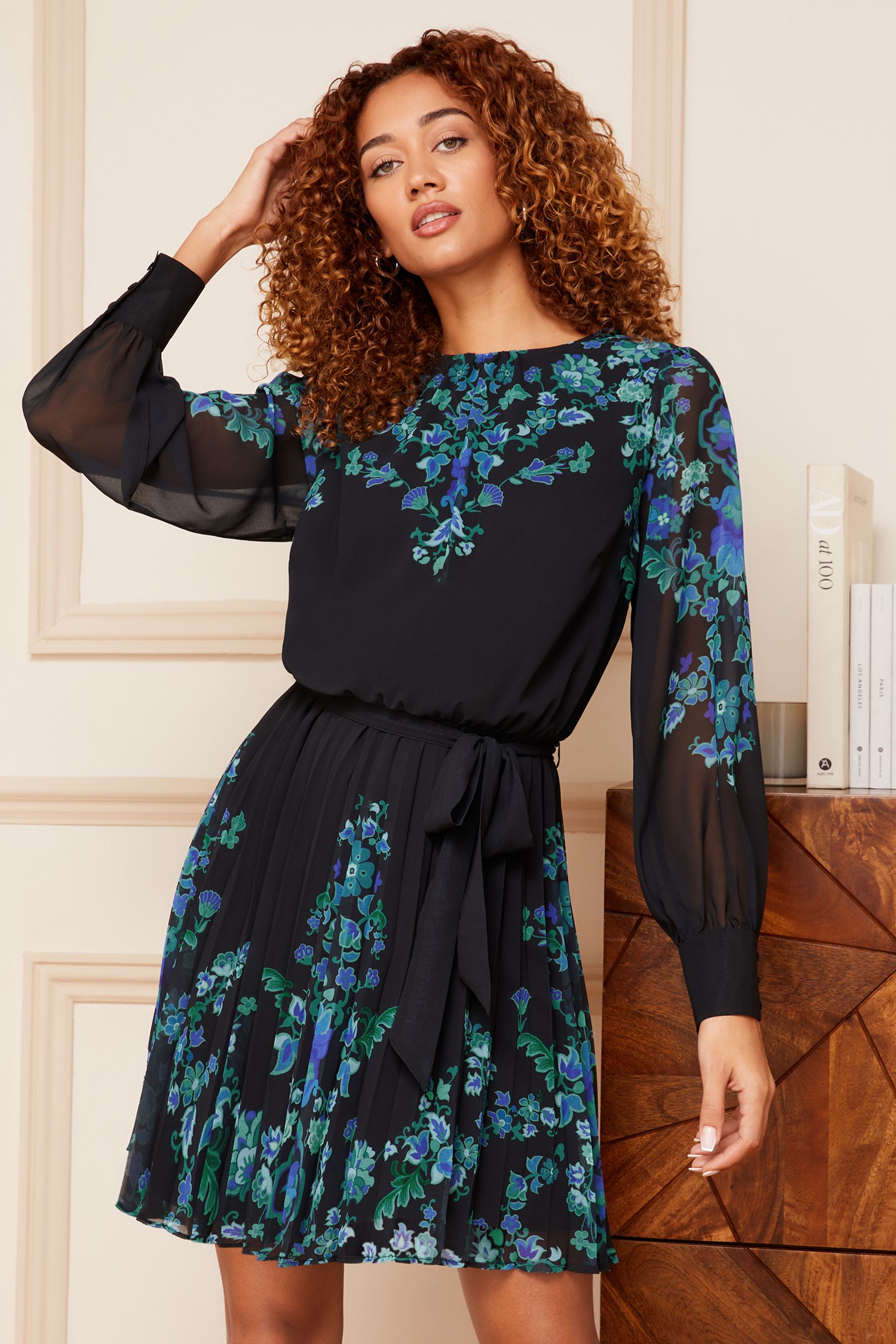 Buy V A Love Roses Black and Blue Printed Round Neck Pleated Long Sleeve Belted Mini Dress from Next Luxembourg