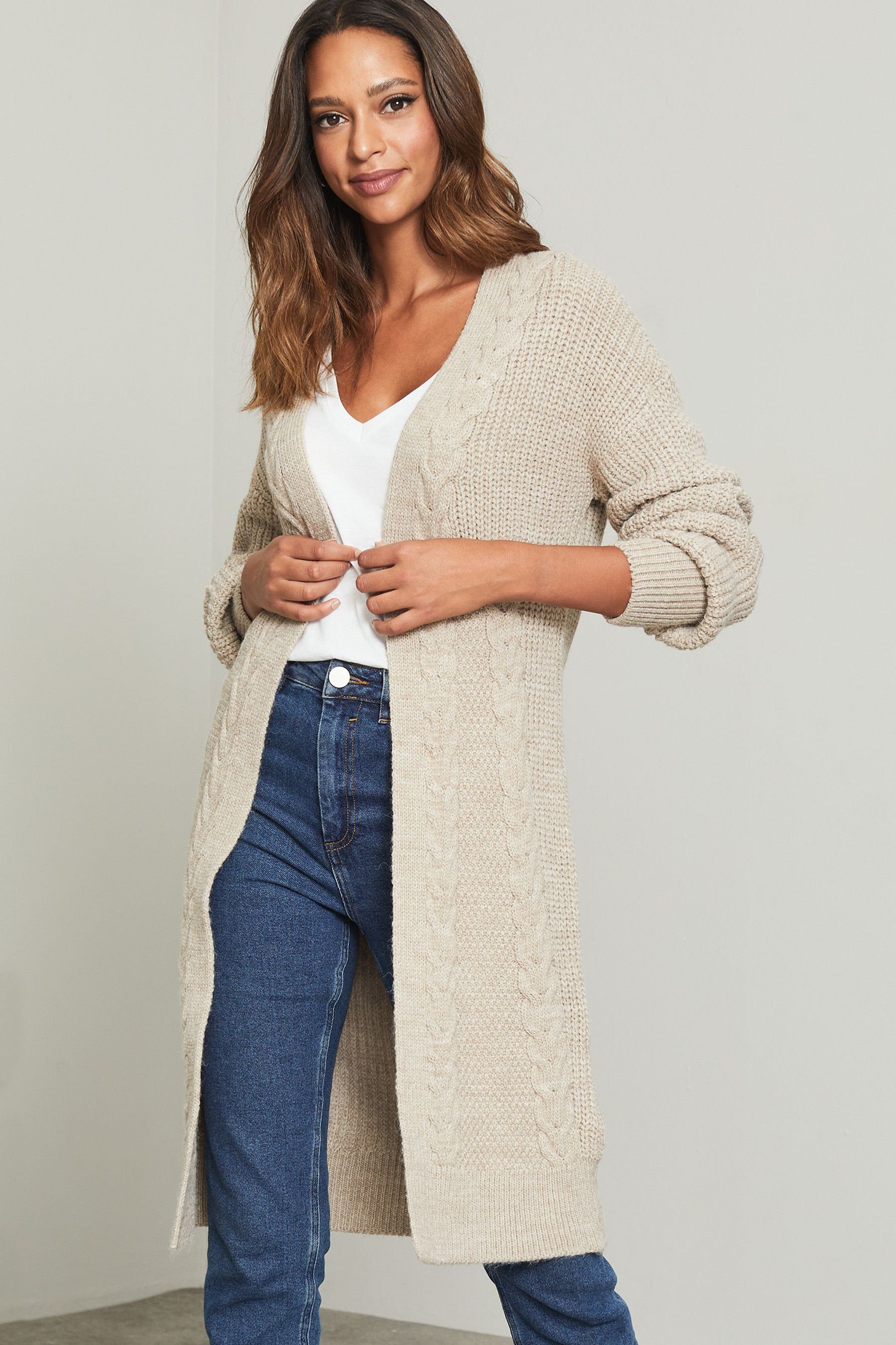 Buy Lipsy Neutral Petite Knitted Cable Longline Cardigan from Next Luxembourg