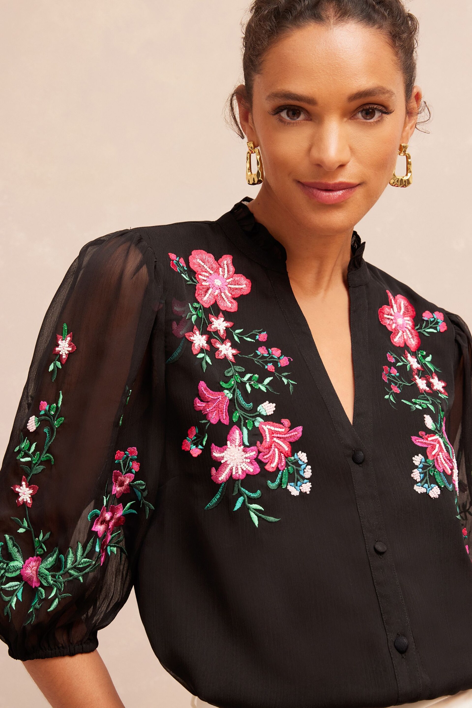 V&A | Love & Roses Black Embroidery Floral Embroidered Ruffle V Neck Button Through Blouse - Image 1 of 4