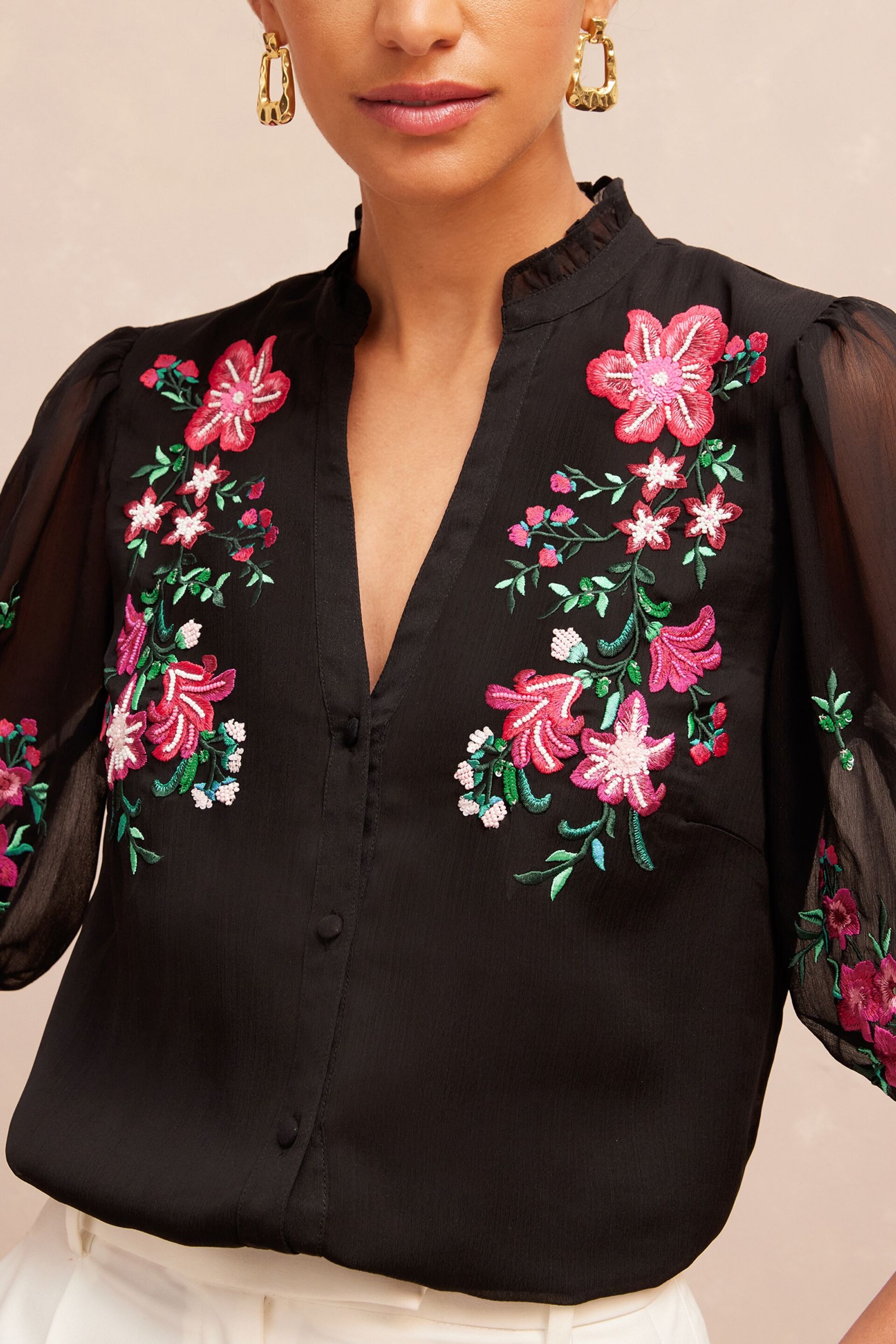 V&A | Love & Roses Black Embroidery Floral Embroidered Ruffle V Neck Button Through Blouse - Image 2 of 4