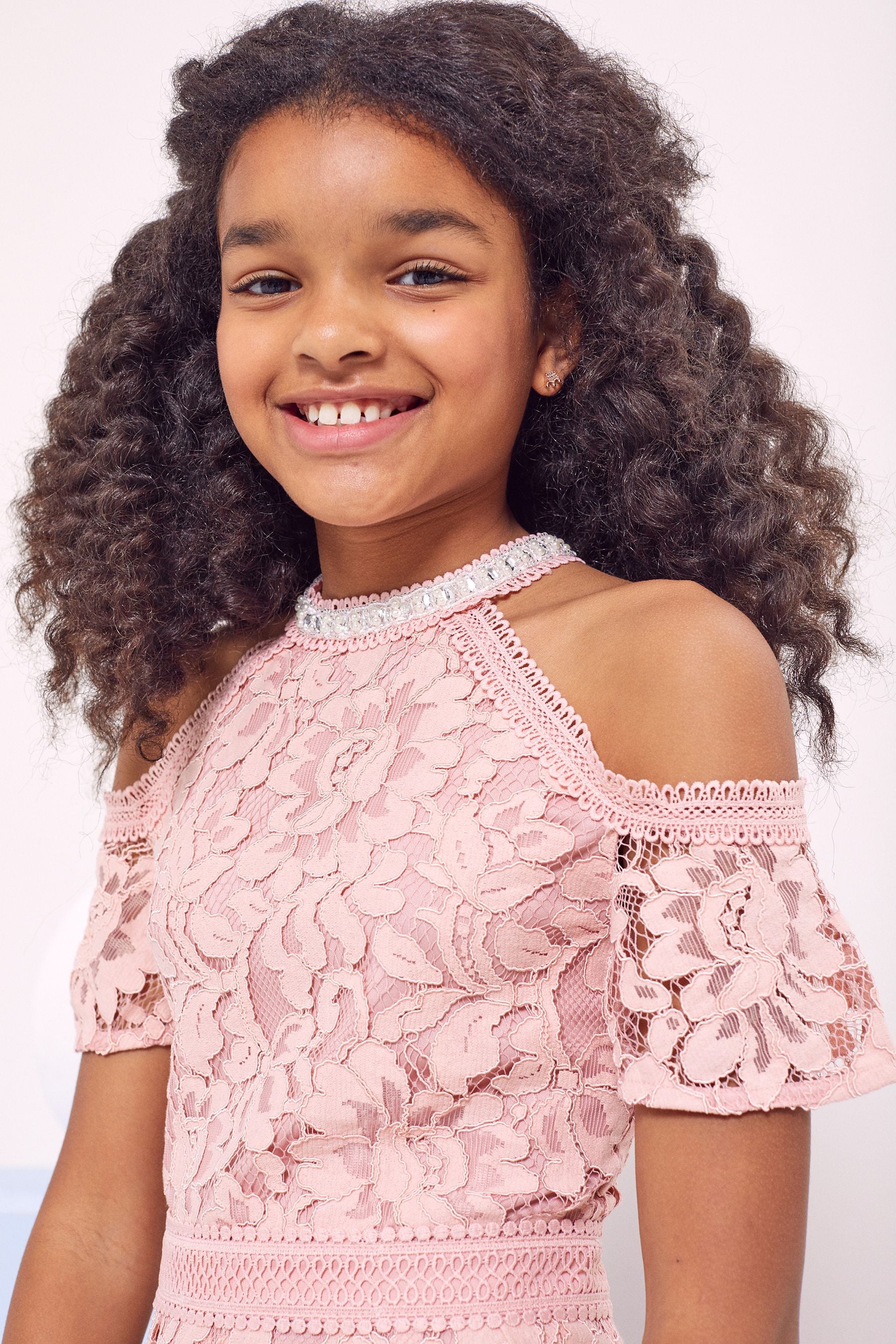 Pink lace off the shoulder dress top