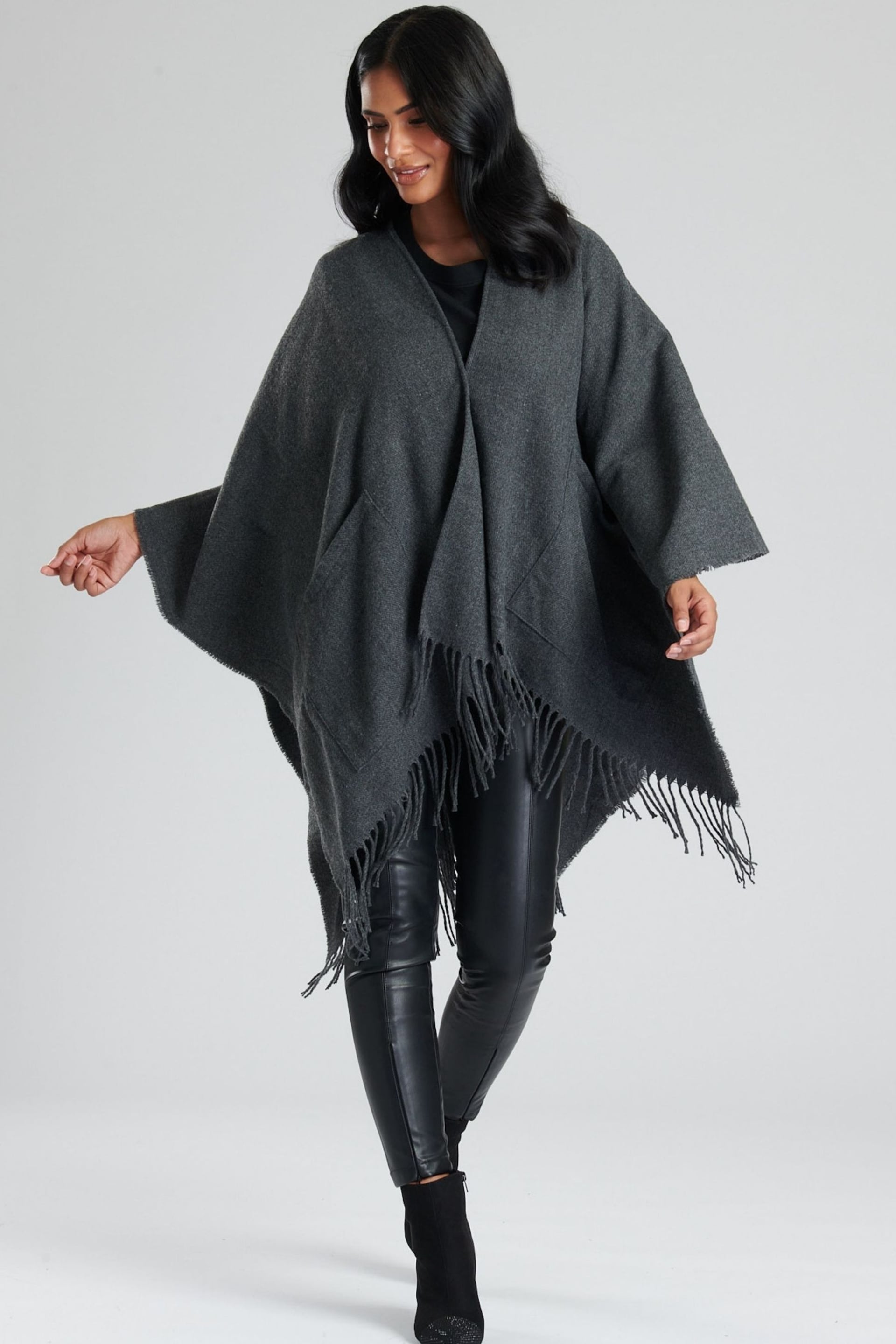 South Beach Grey Knitted Fringe Wrap - Image 1 of 4