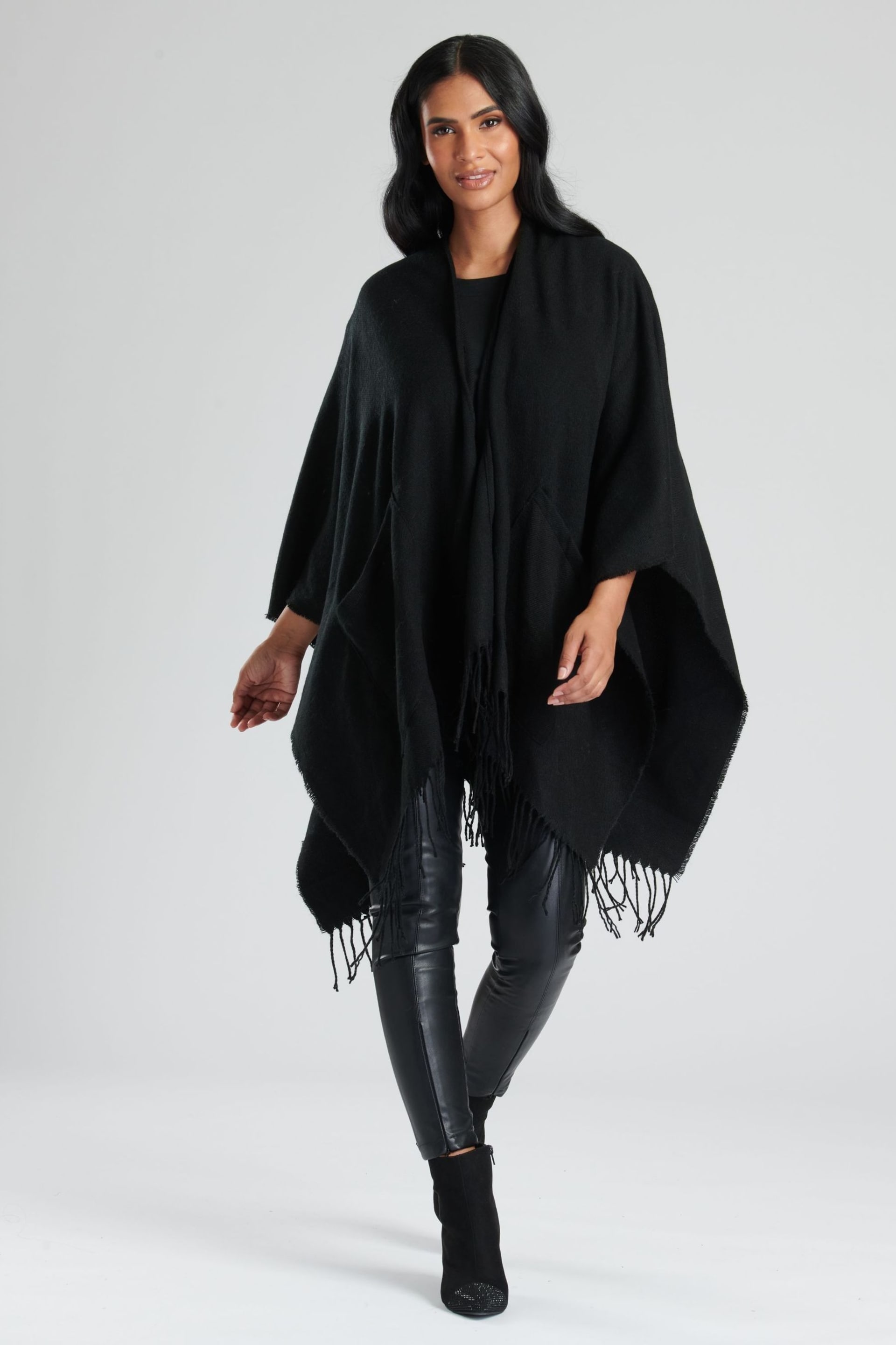 South Beach Black Knitted Fringe Wrap - Image 1 of 5