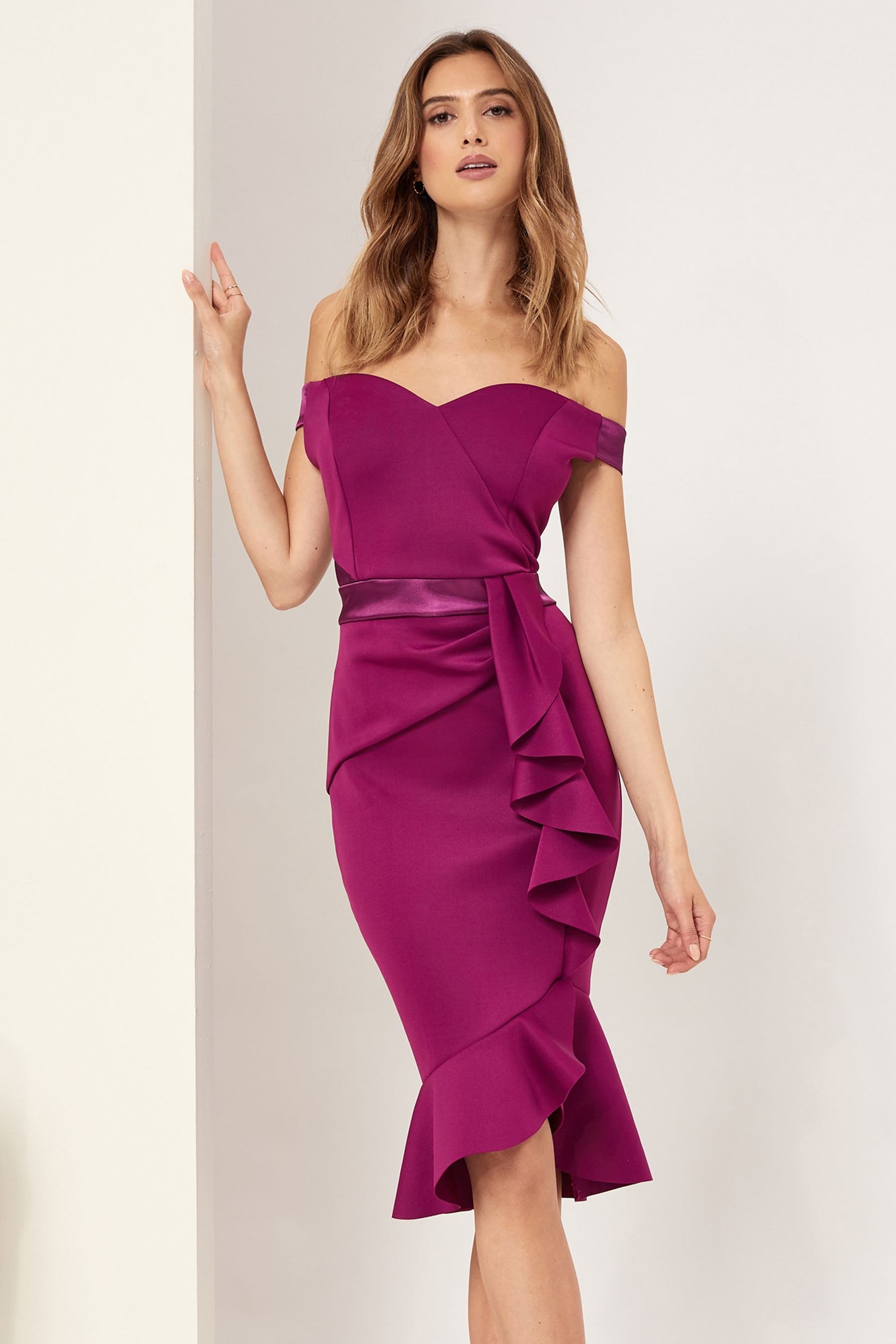 Buy Lipsy Purple Satin Bardot Bodycon Dress from Next Luxembourg