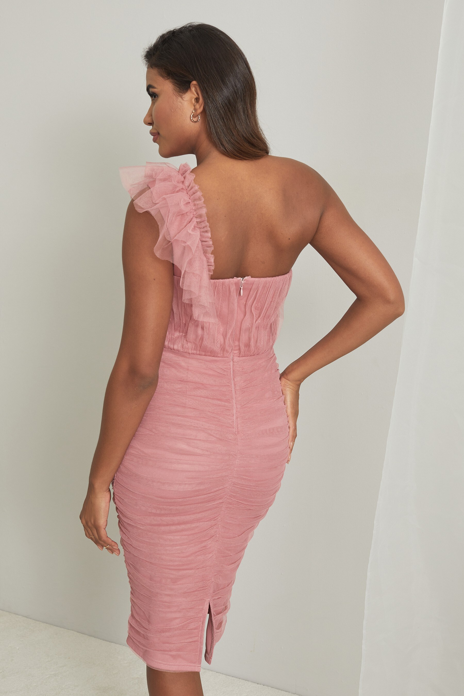 Buy Lipsy Pink Ruffle One Shoulder Ruched Mesh Dress from Next Luxembourg