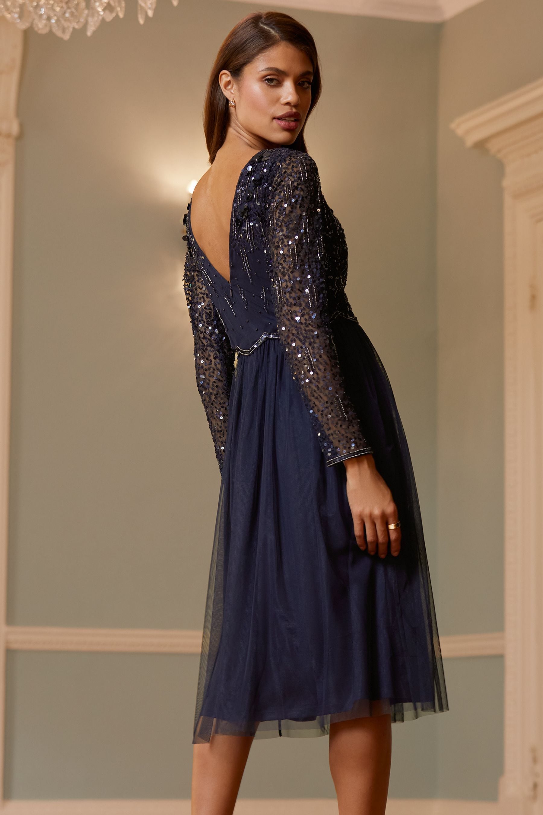 Embellished midi dress with sleeves shop