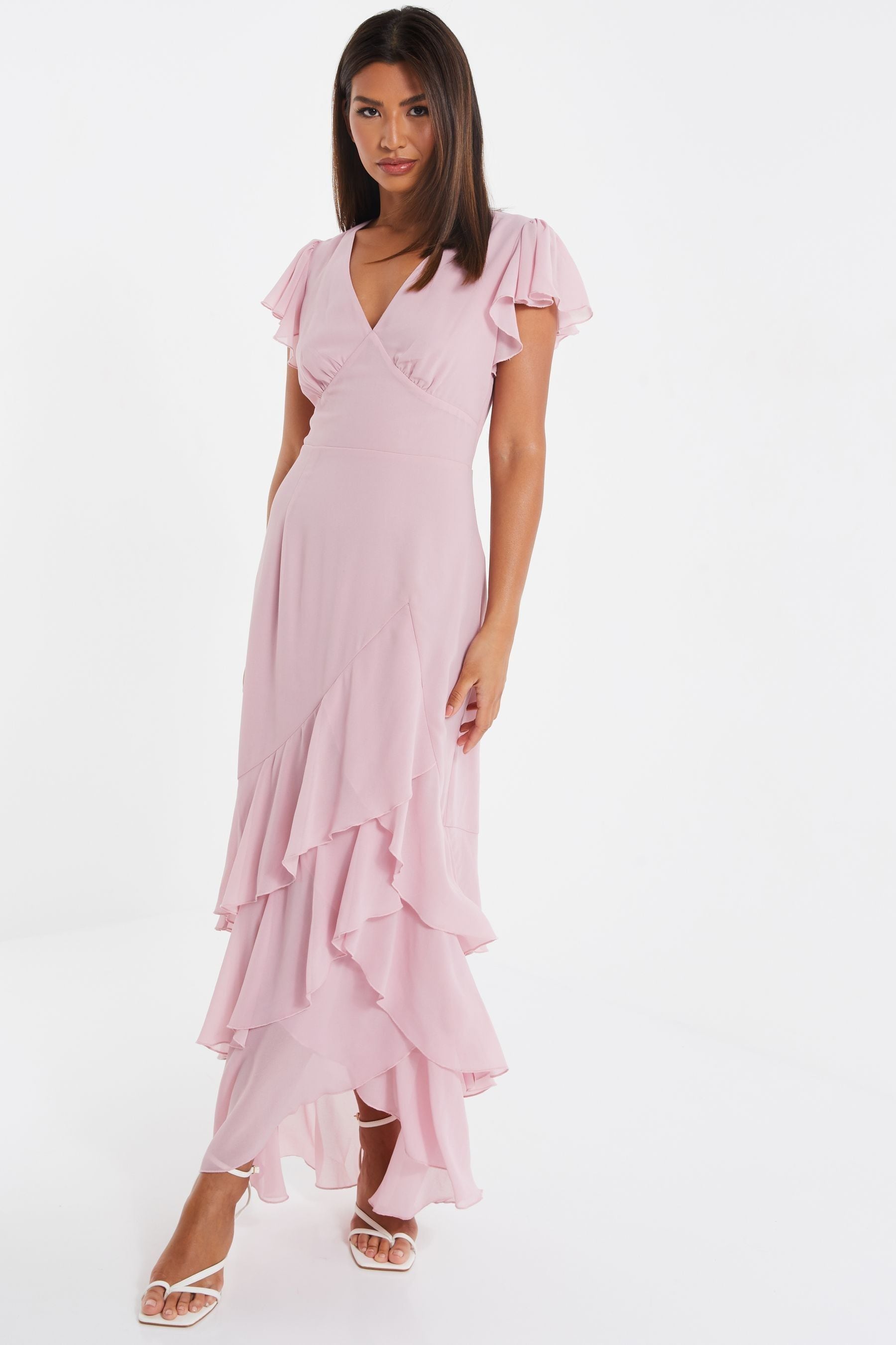 Buy Quiz Light Pink Chiffon Frill Maxi Dress from Next Luxembourg