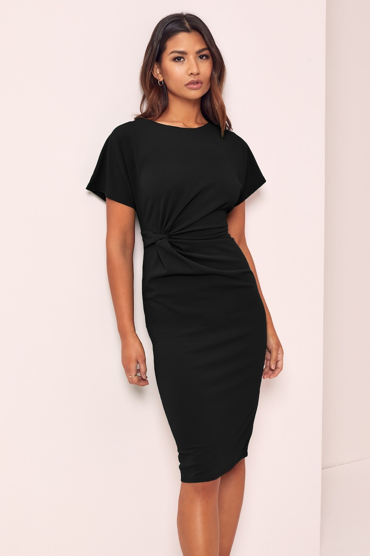 Lipsy Black Twist Side Round Neck Midi Dress - Image 1 of 4