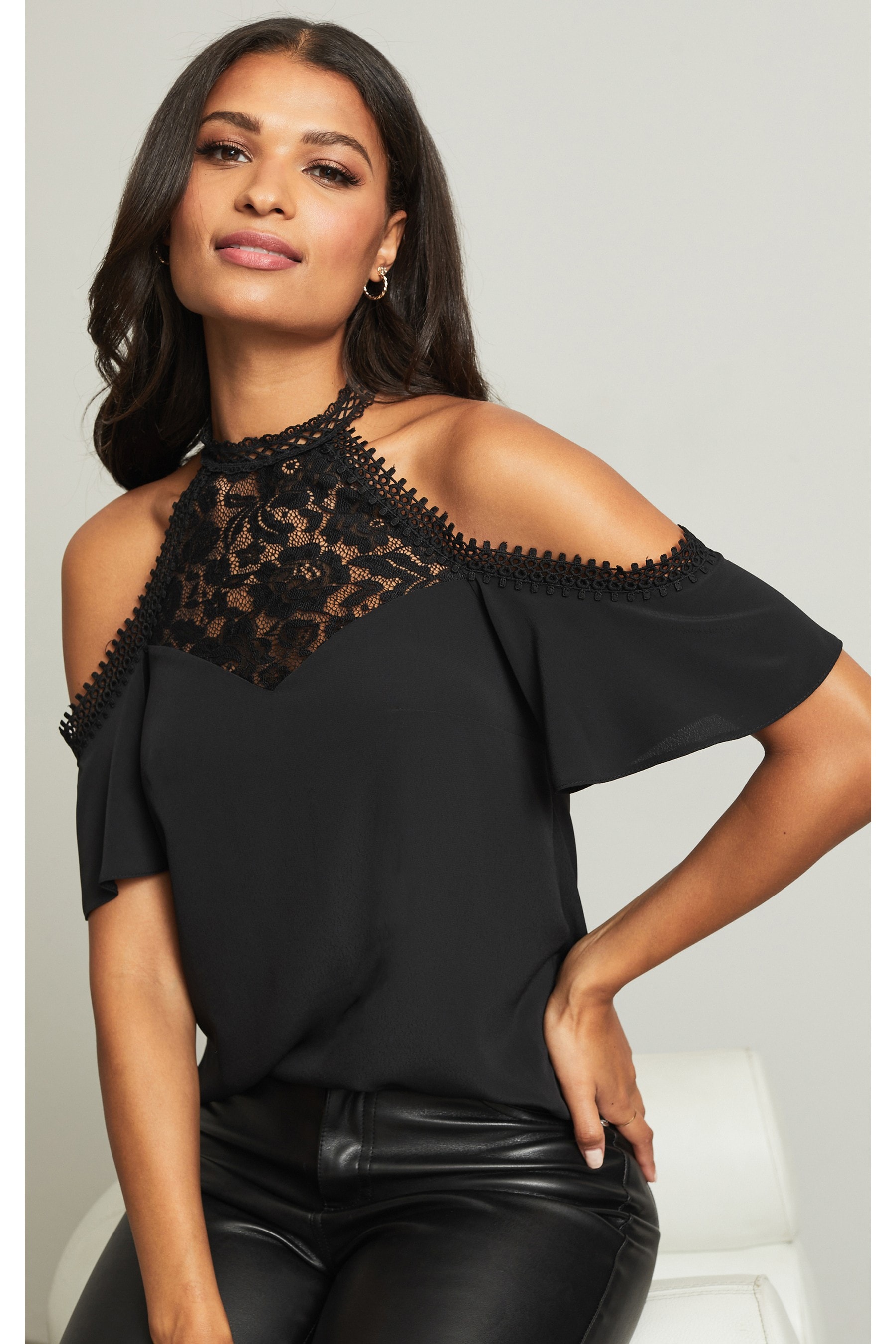 Black high neck cold shoulder top cheap