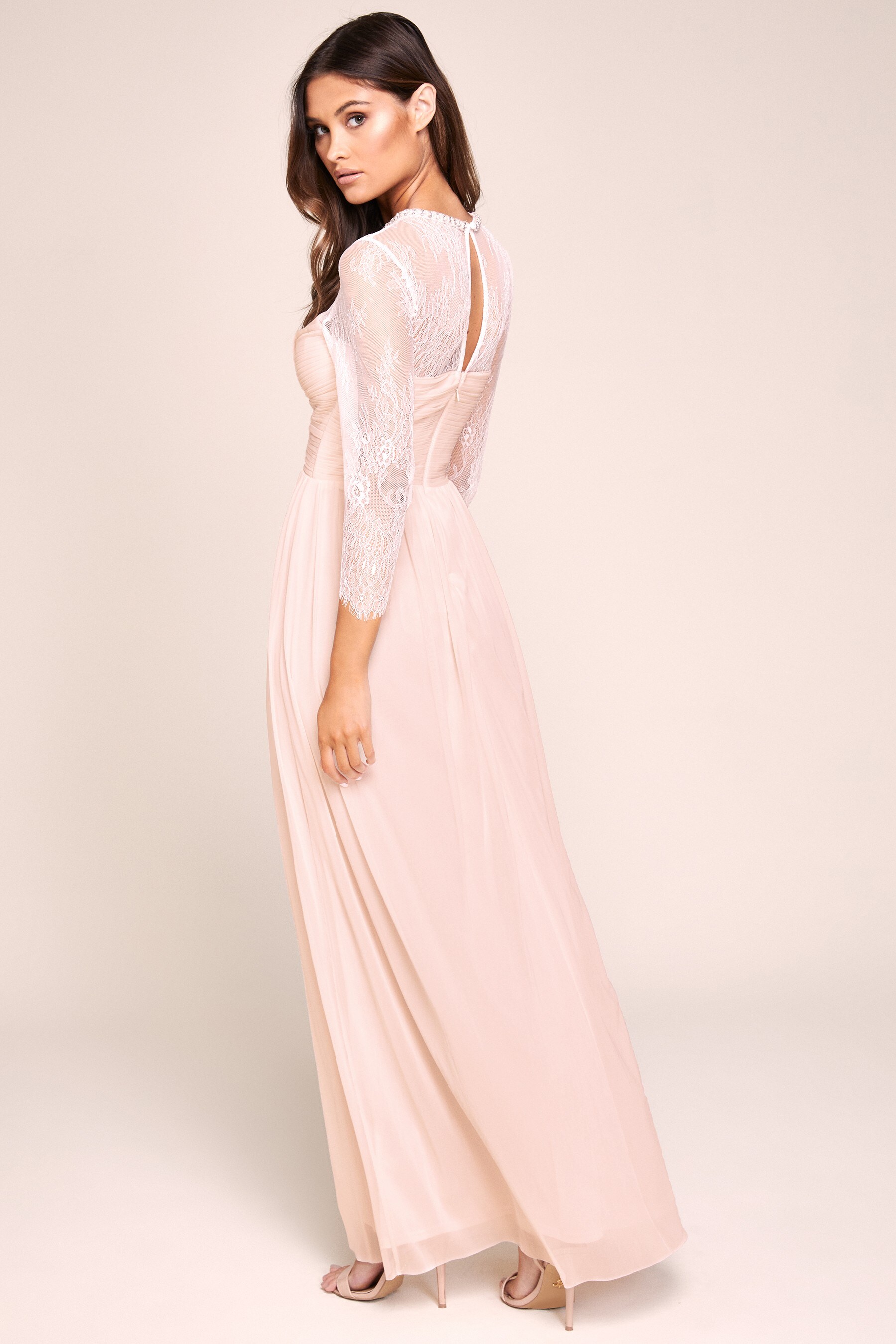 Buy Lipsy Nude Bridsmaid Elsa Lace Long Sleeve Mesh Maxi Dress from Next Austria