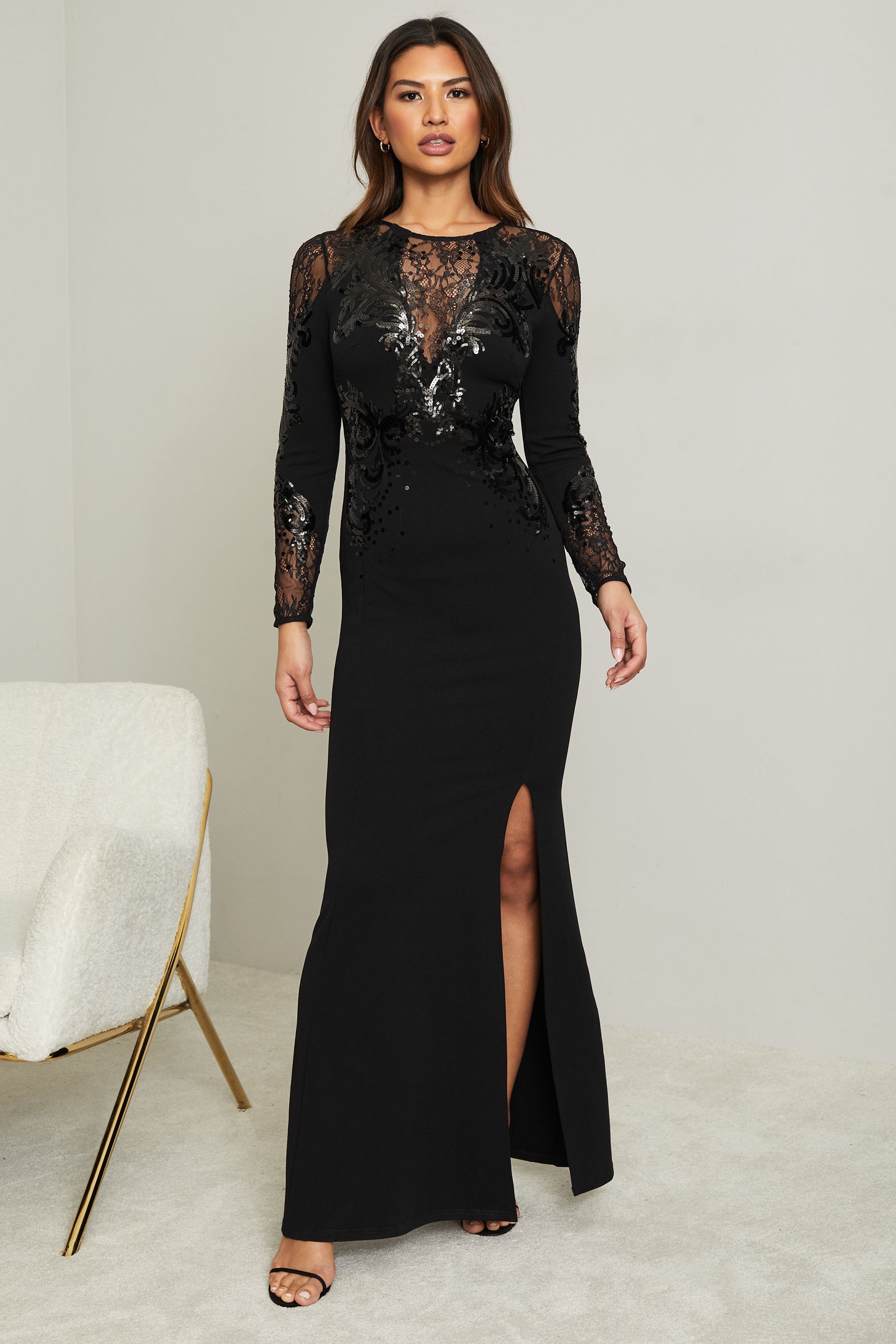 Buy Lipsy Black Long Sleeve Embelished Maxi Dress from Next Luxembourg