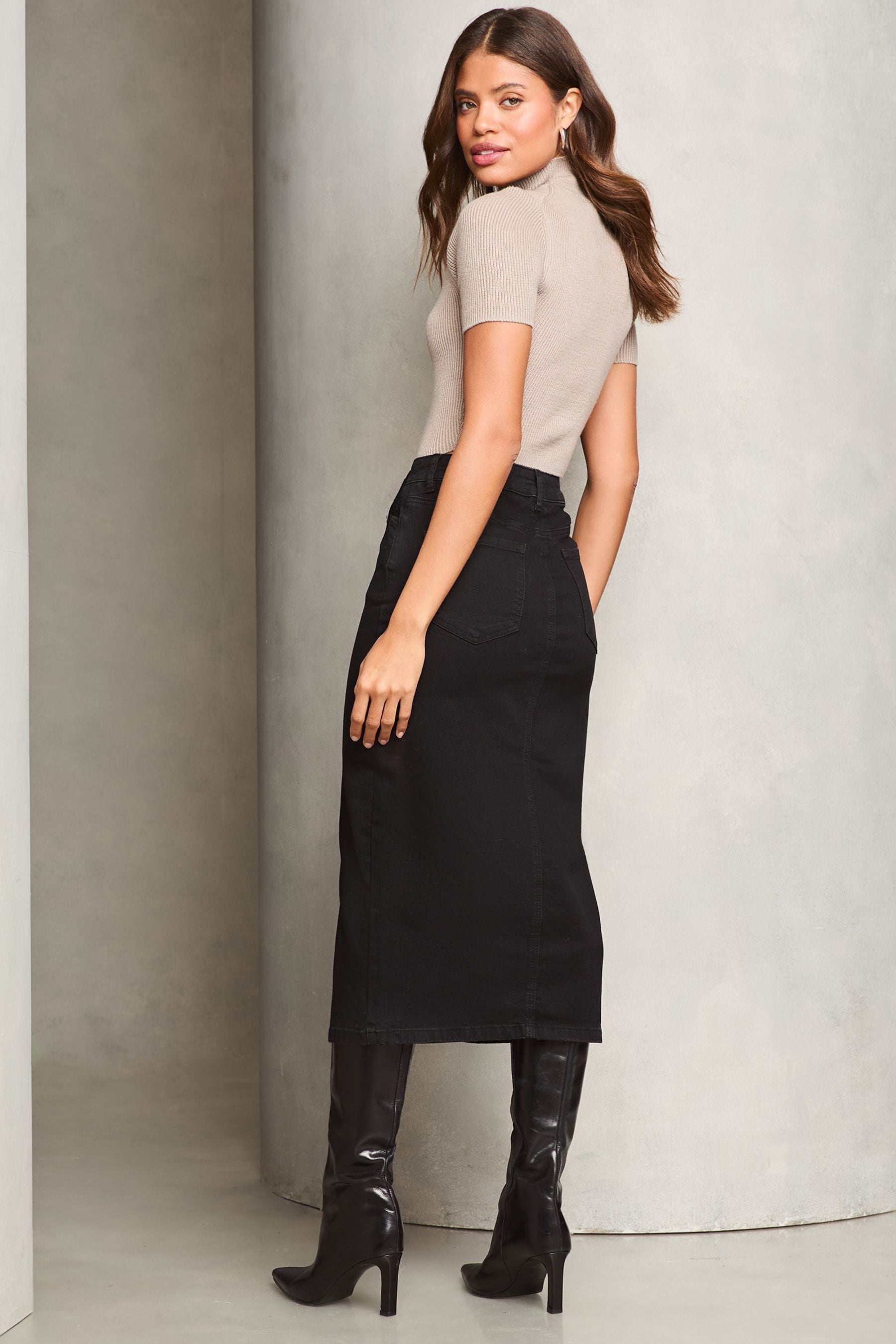 Lipsy Black Button Fly Detail Denim Midi Skirt