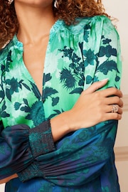 V&A | Love & Roses Blue Ombre Printed Puff Sleeve V Neck Long Sleeve Button Up Blouse - Image 2 of 4