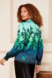 V&A | Love & Roses Blue Ombre Printed Puff Sleeve V Neck Long Sleeve Button Up Blouse - Image 3 of 4