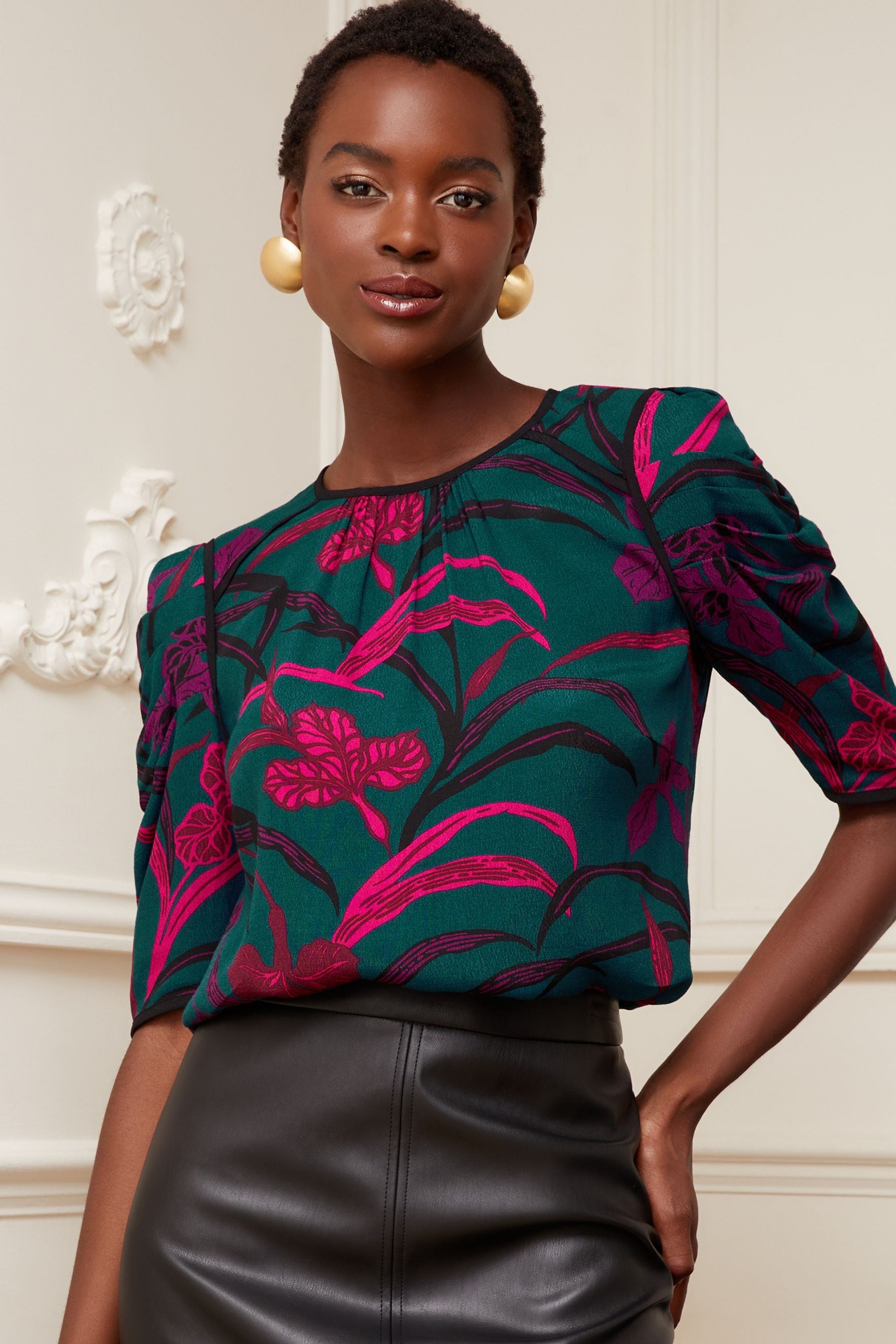 Buy V A Love Roses Green Floral Round Neck Ruched Short Sleeve Top from Next Slovenia