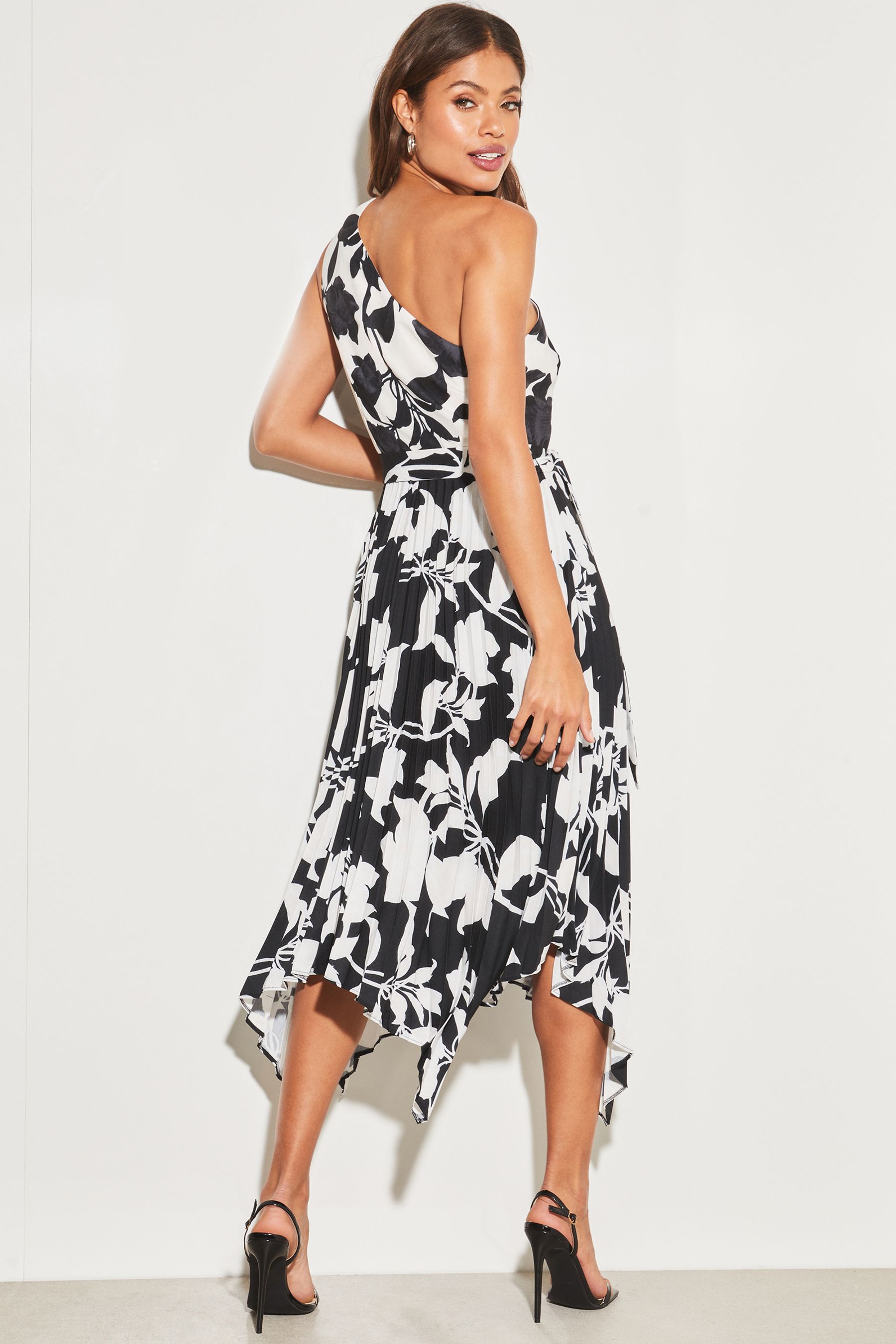 Buy Lipsy Black and White One Shoulder Belted Pleated Midi Dress from Next Luxembourg