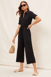 Friends Like These Black Jersey Short Sleeve Button Up Wide Leg Jumpsuit - Image 3 of 4