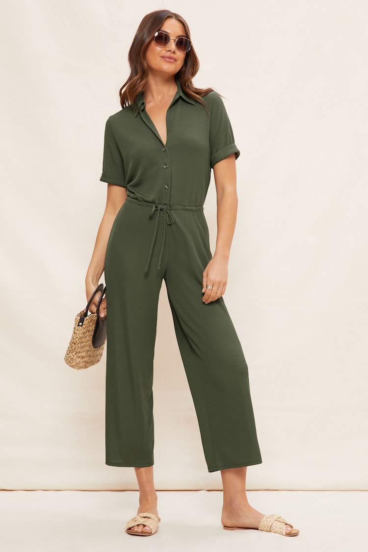 Friends Like These Khaki Green Jersey Short Sleeve Button Up Wide Leg Jumpsuit - Image 1 of 4