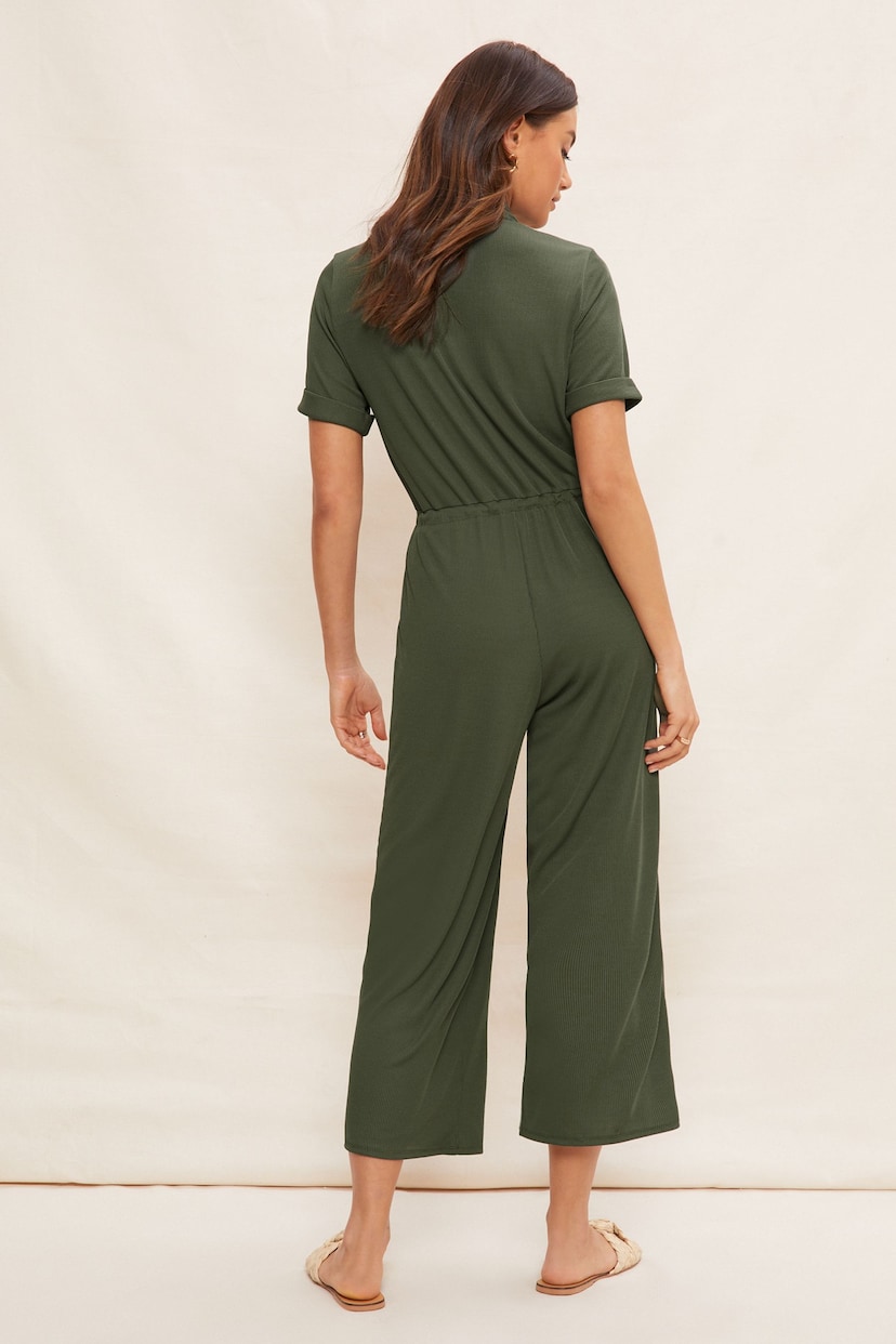Friends Like These Khaki Green Jersey Short Sleeve Button Up Wide Leg Jumpsuit - Image 4 of 4
