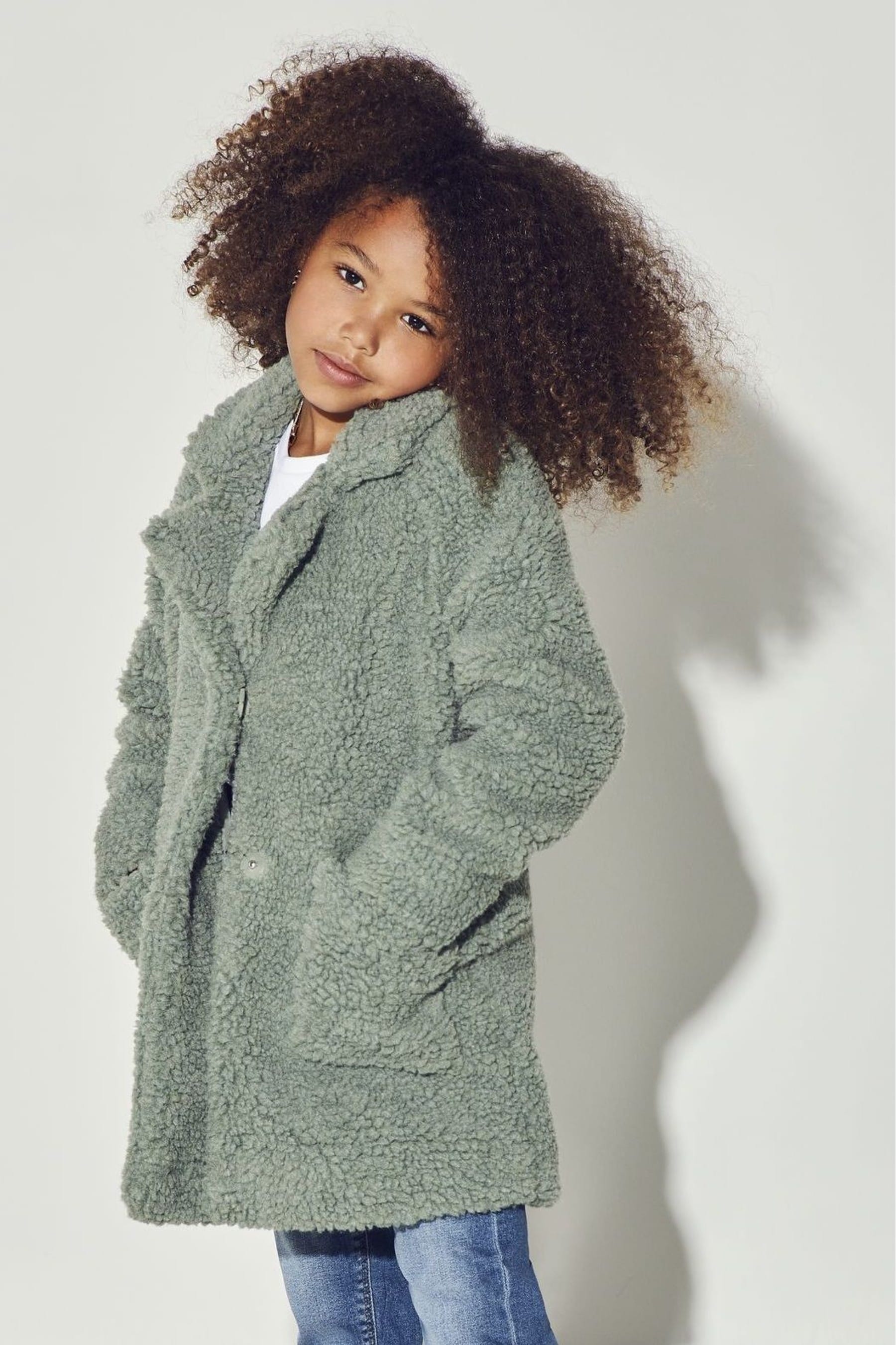 Buy ONLY KIDS Sage Green Teddy Bear Coat from Next Ireland