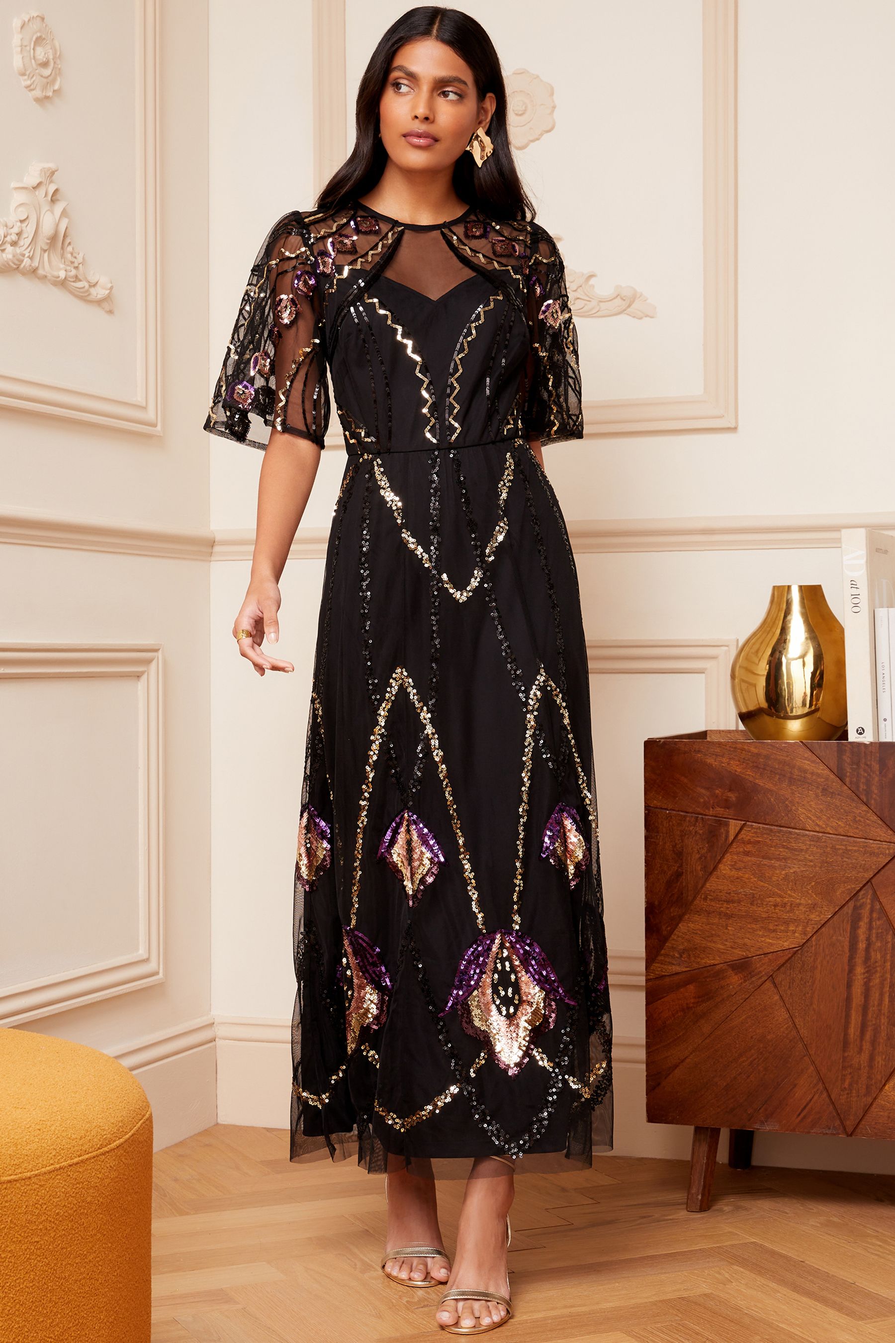 Buy Love Roses Black Multi Sequin Embellished Mesh Yoke Flutter Sleeve Midi Dress from Next Luxembourg