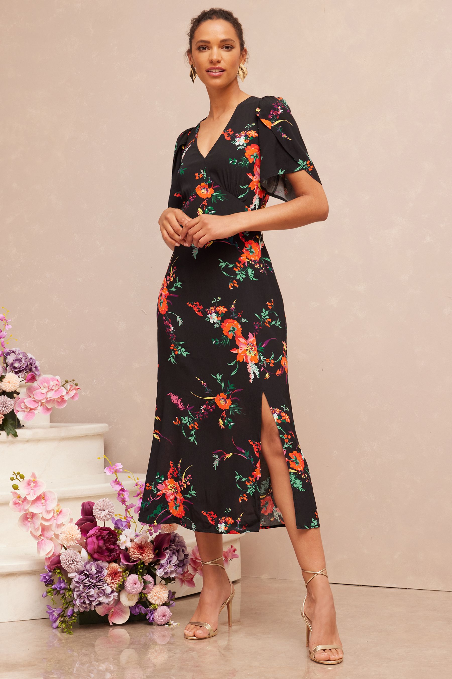 Buy V A Love Roses Navy Floral Flutter Sleeve V Neck Tie Back Split Midi Dress from Next Slovenia