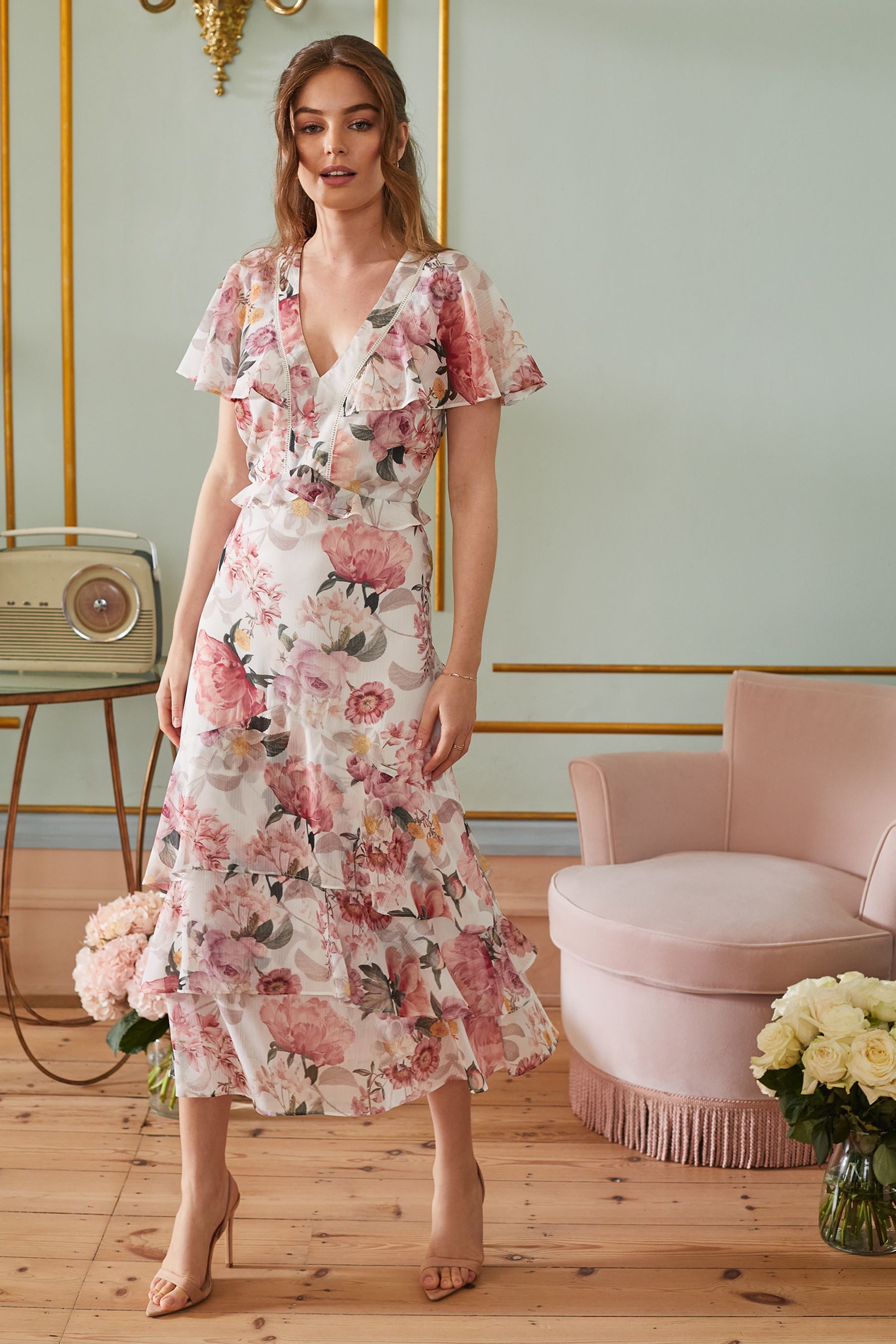 Buy Love Roses Ivory Floral Cape Flutter Sleeve Ruffle V Neck Tiered Summer Maxi Dress from Next Germany