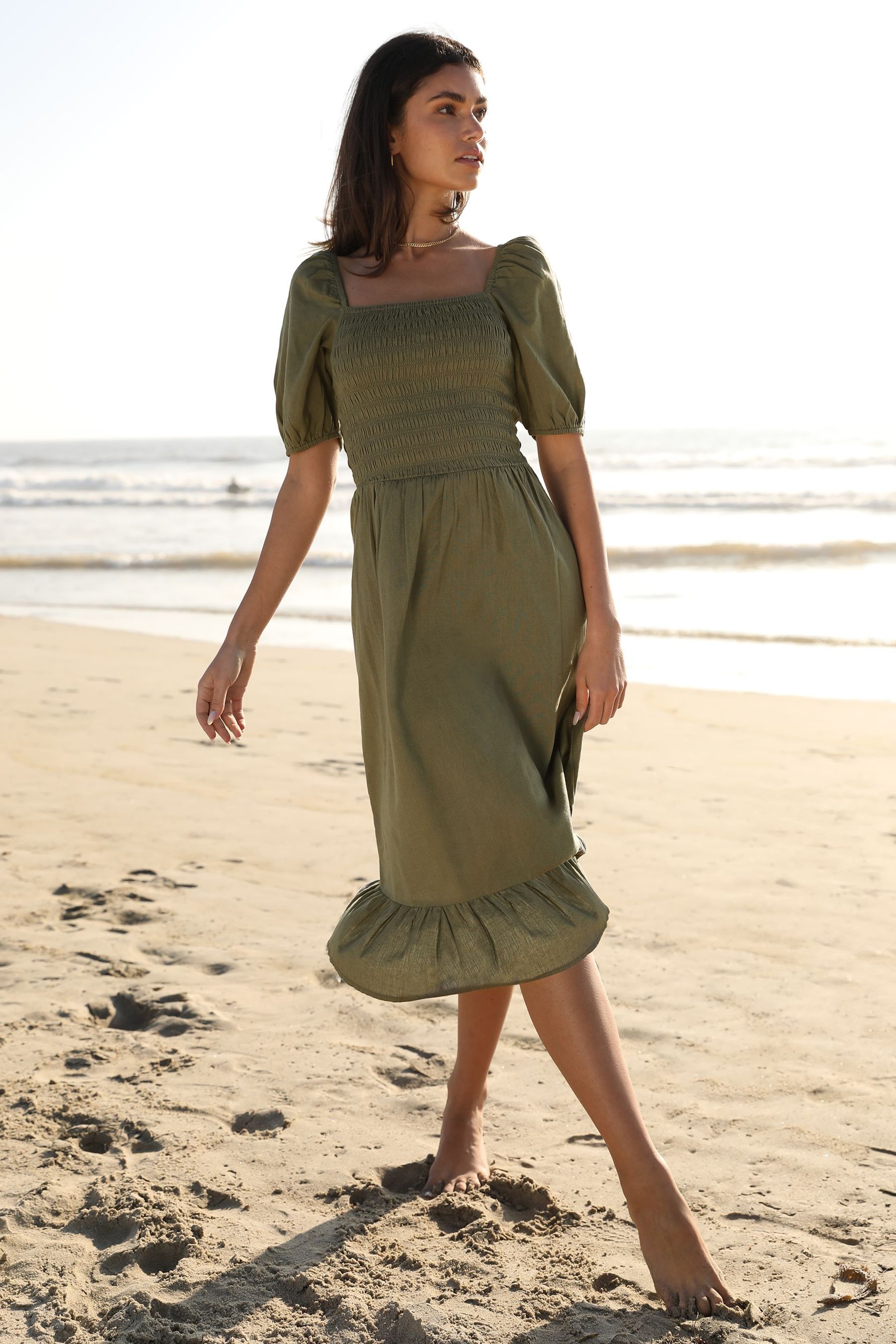 Buy Lipsy Khaki Green Regular Square Neck Shirred Midi Dress from Next Luxembourg