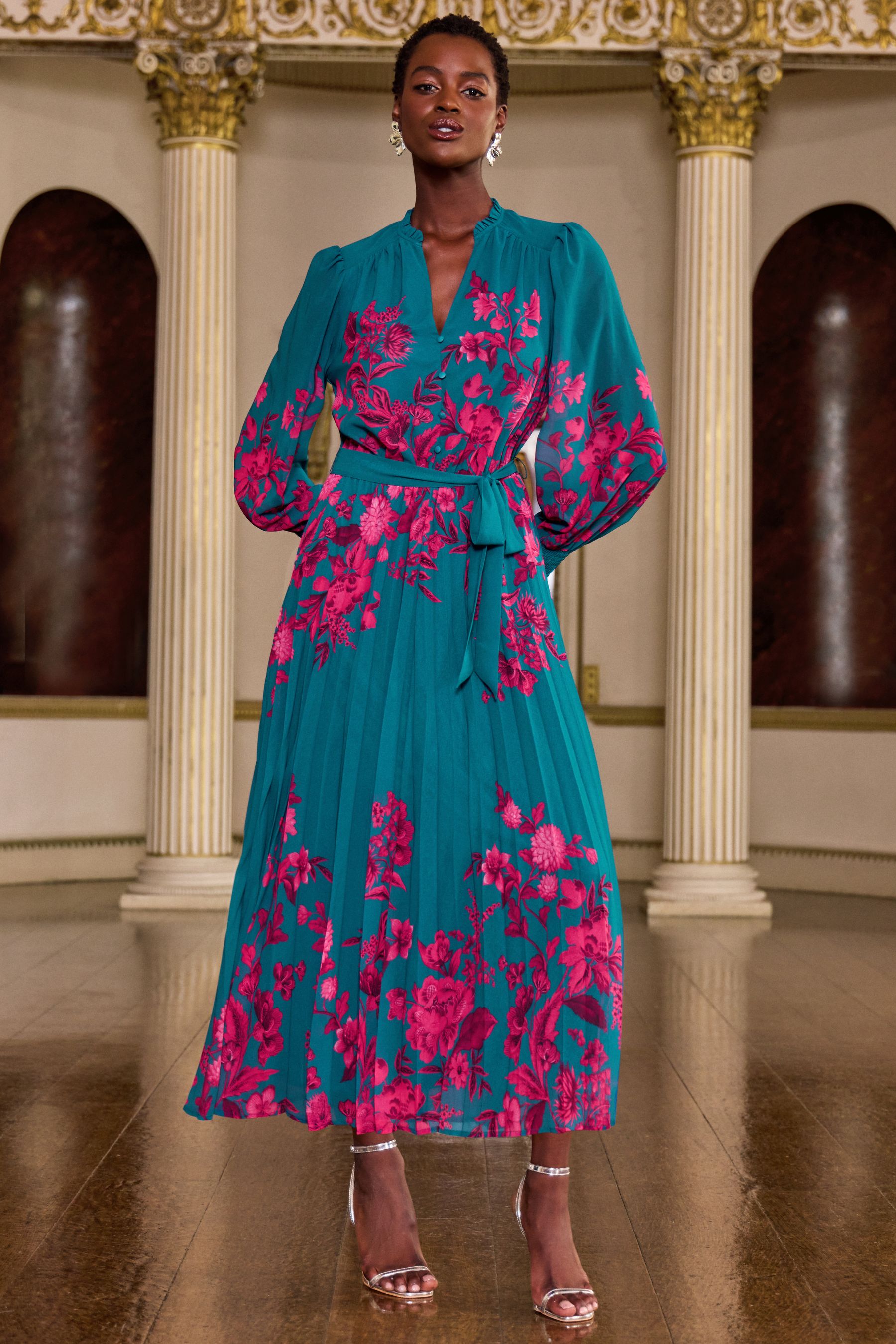 Floral print long sleeve midi dress hot sale