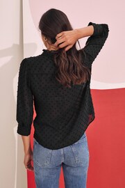 Love & Roses Black Petite Dobby Spot Lace Trim 3/4 Sleeve Button Through Blouse - Image 2 of 4