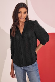 Love & Roses Black Petite Dobby Spot Lace Trim 3/4 Sleeve Button Through Blouse - Image 3 of 4