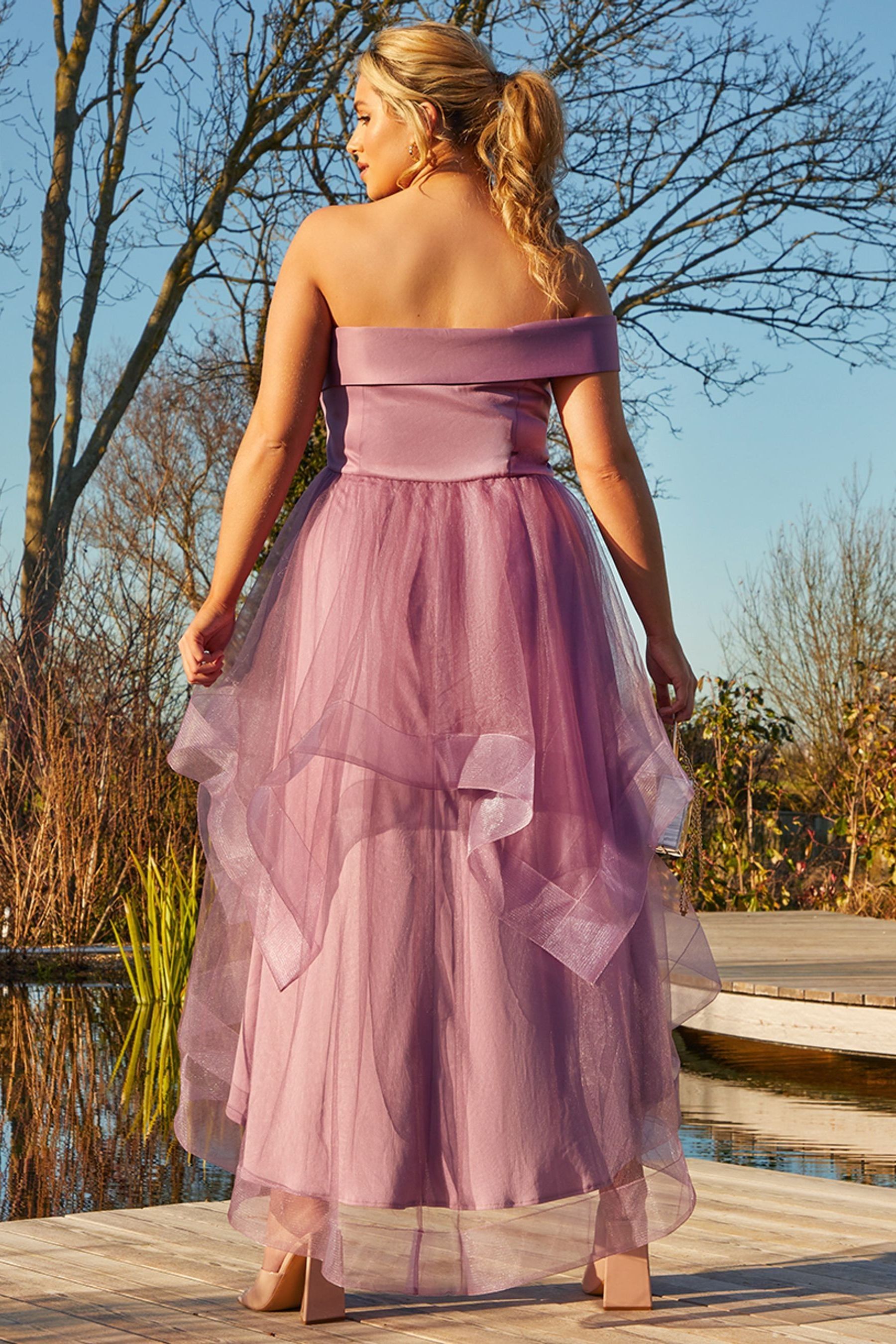 Buy Chi Chi London Purple Plus Size One Shoulder Mesh Skirt Dip Hem Dress from Next Slovenia
