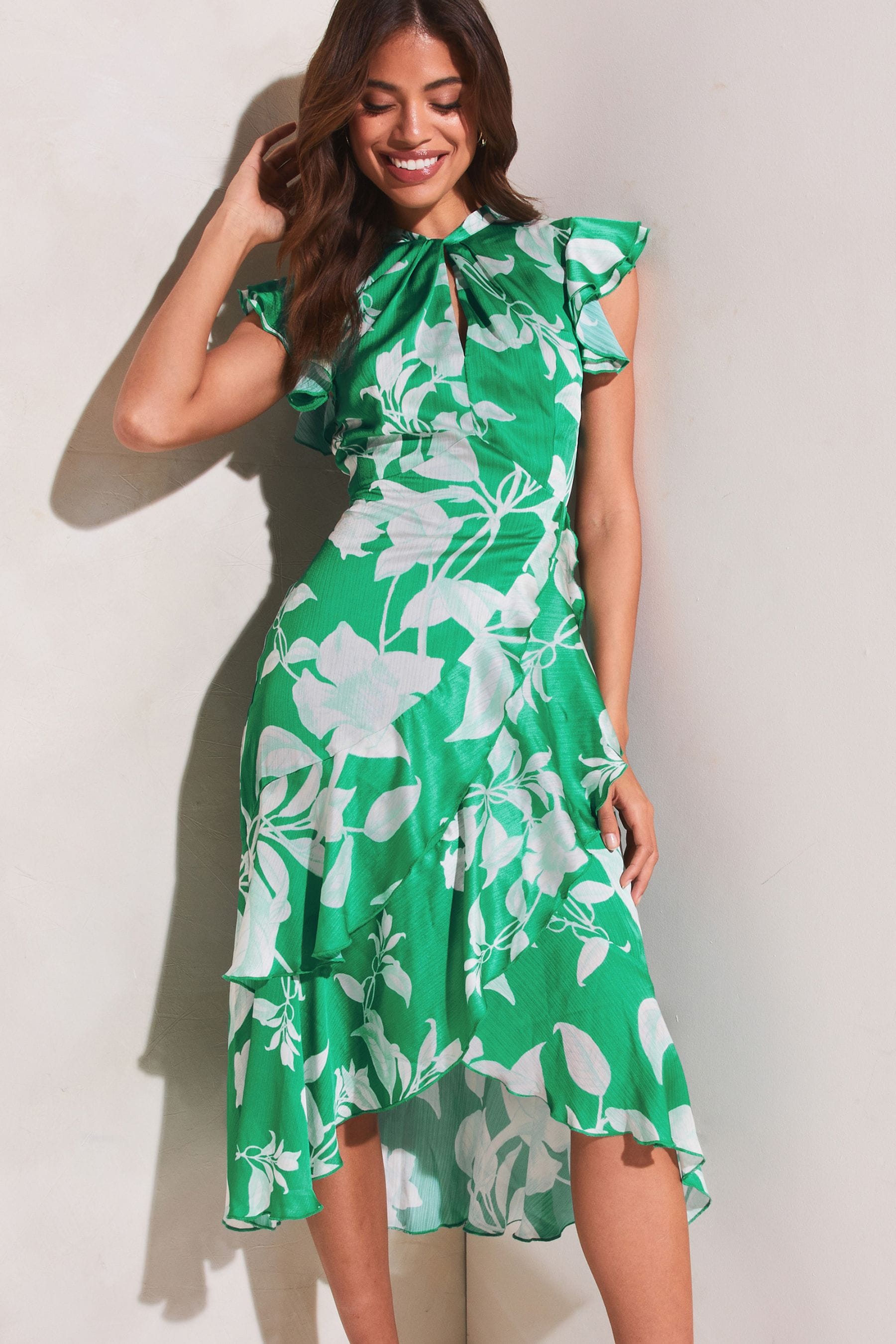 Buy Lipsy Green Printed Printed Keyhole Ruffle Fit and Flare Midi Dress from Next Luxembourg