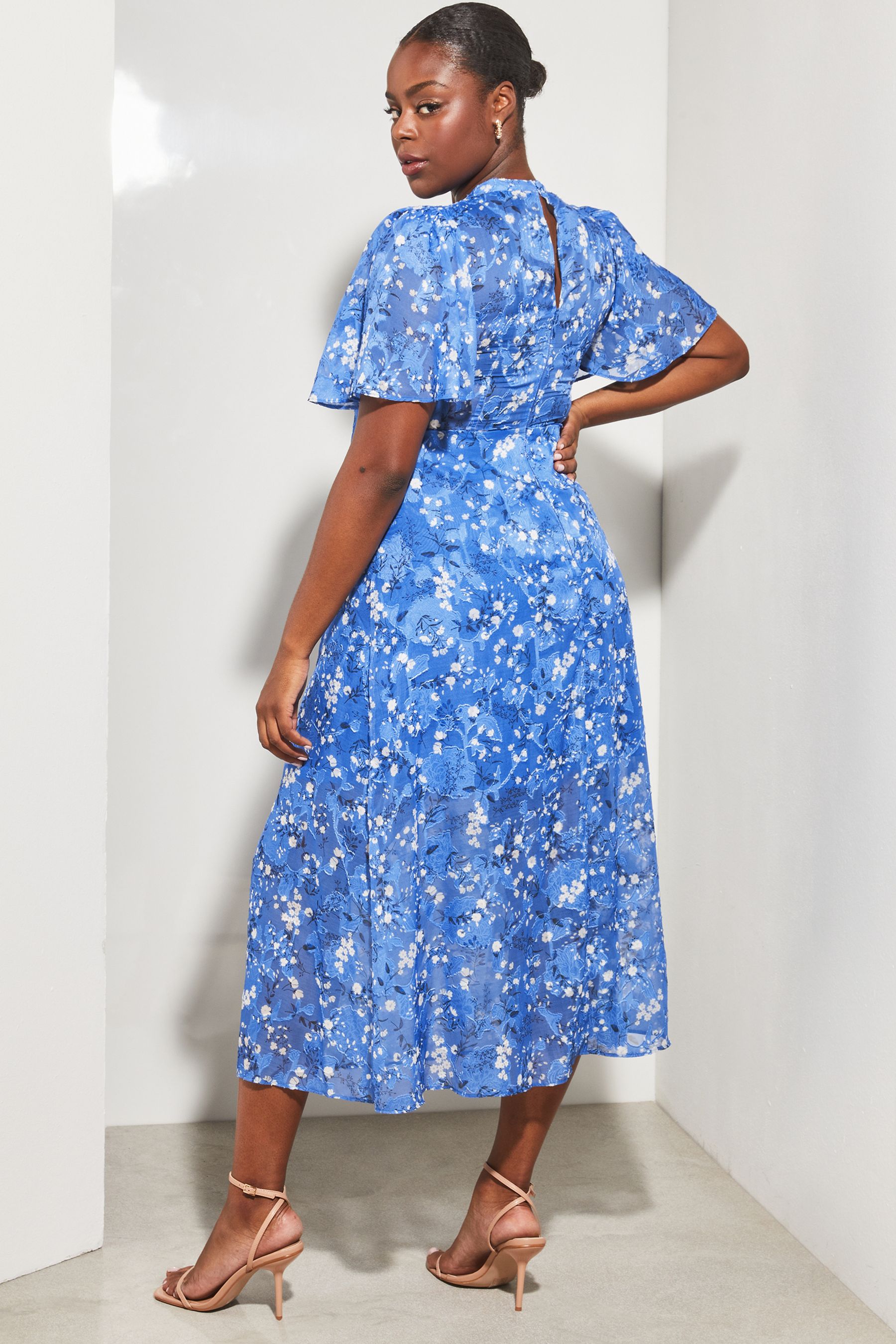 Buy Lipsy Blue Curve Flutter Sleeve Keyhole Front Split Midi Dress from Next Luxembourg