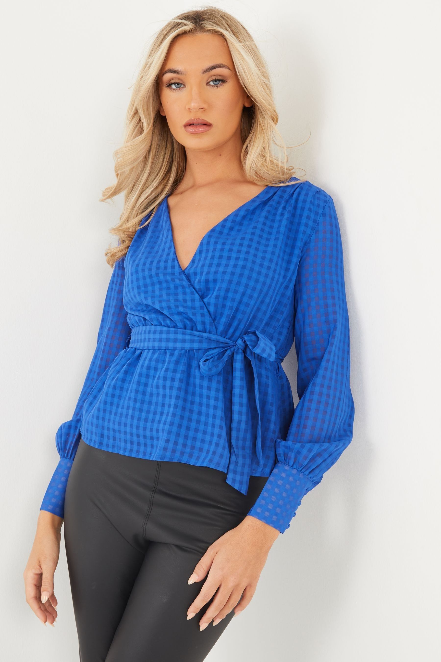 Buy Quiz Blue Checked Wrap Peplum Top from Next Luxembourg