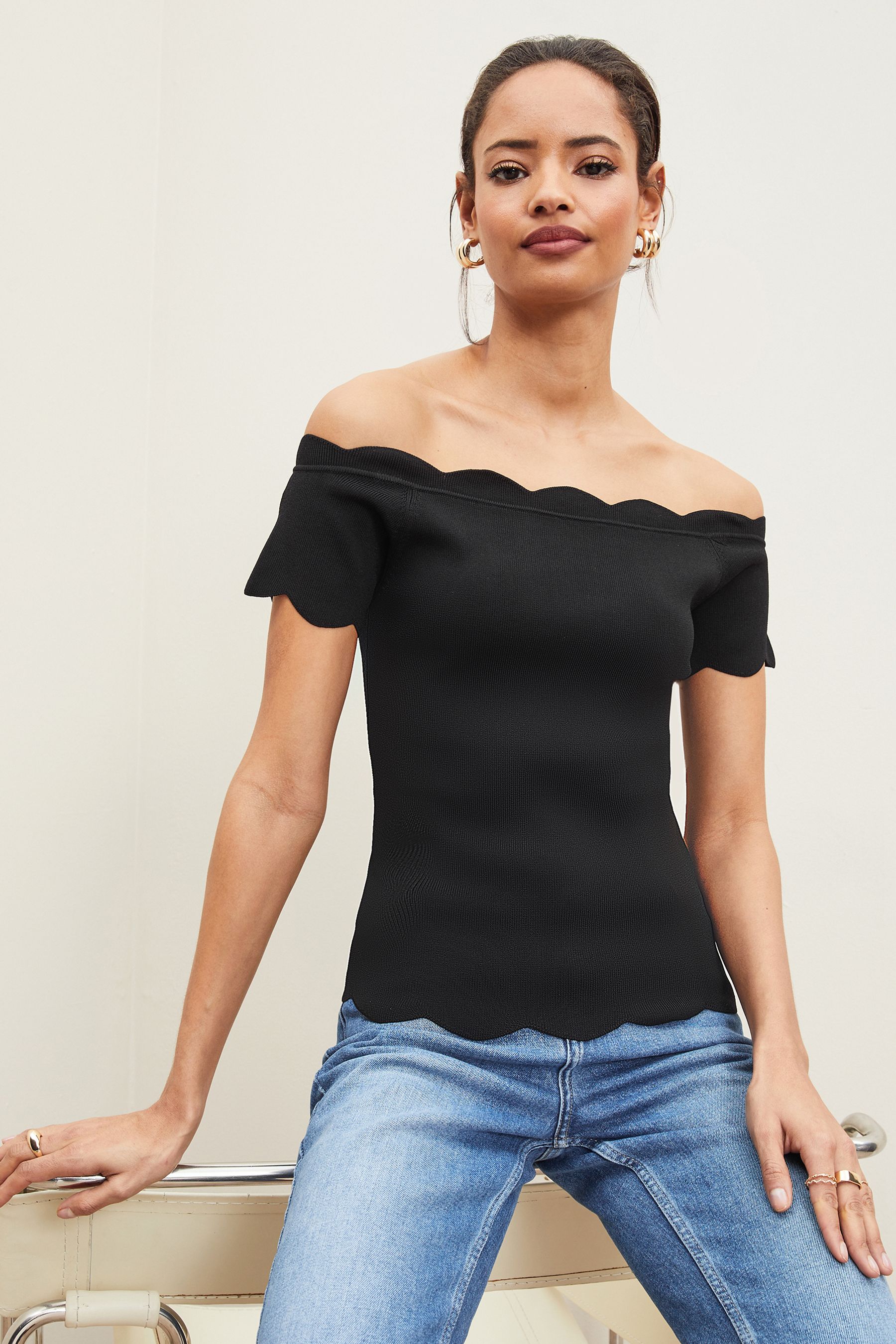 Buy Lipsy Black Scallop Knit Bardot Top from Next Luxembourg